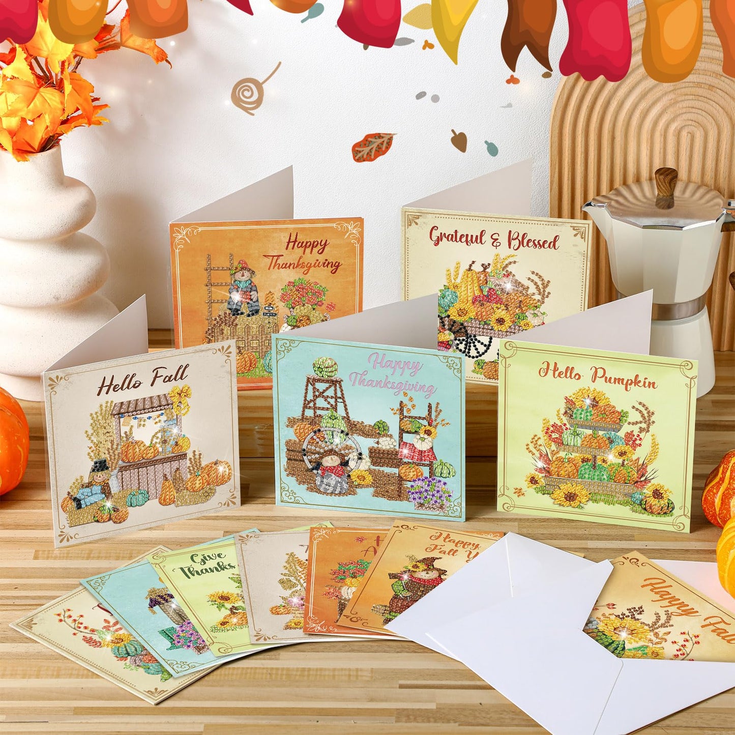 TecUnite 12 Pack Thanksgiving Diamond Painting Greeting Card Kits Fall Thanksgiving Diamond Art Cards with Envelopes Pumpkin DIY Crafts Kit Rhinestones Paint Scarecrow Cards for Friend Birthday Gifts