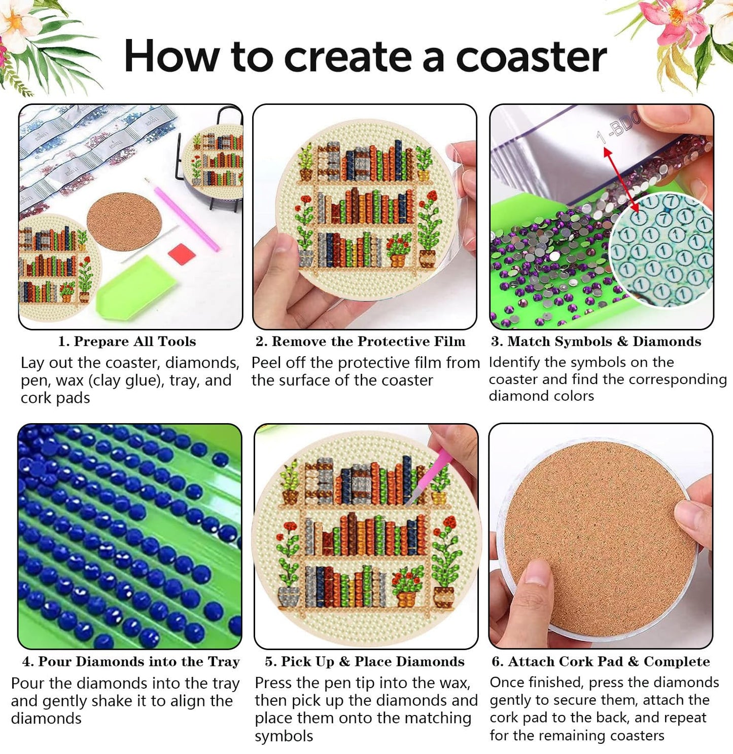 croshom Books Diamond Art Coasters Kits, 8 Pieces Books Diamond Painting Coasters with Holder, Books Coaster Diamonds Art Painting Kits for Adults, 5D DIY Wooden Coaster for Gift