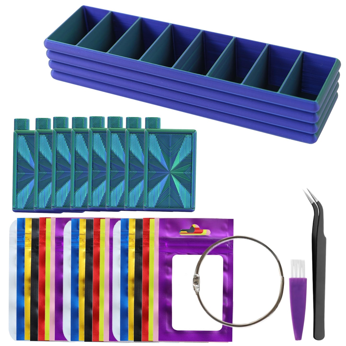 Diamond Art Trays with Lids, Diamond Painting Trays with Storage Organizers Case, 8 Pack Beads Rhinestone Tray Set with Tweezers, Brush, 32pcs Ziplock Pouches Bags for Diamond Art Tool (Blue Green)