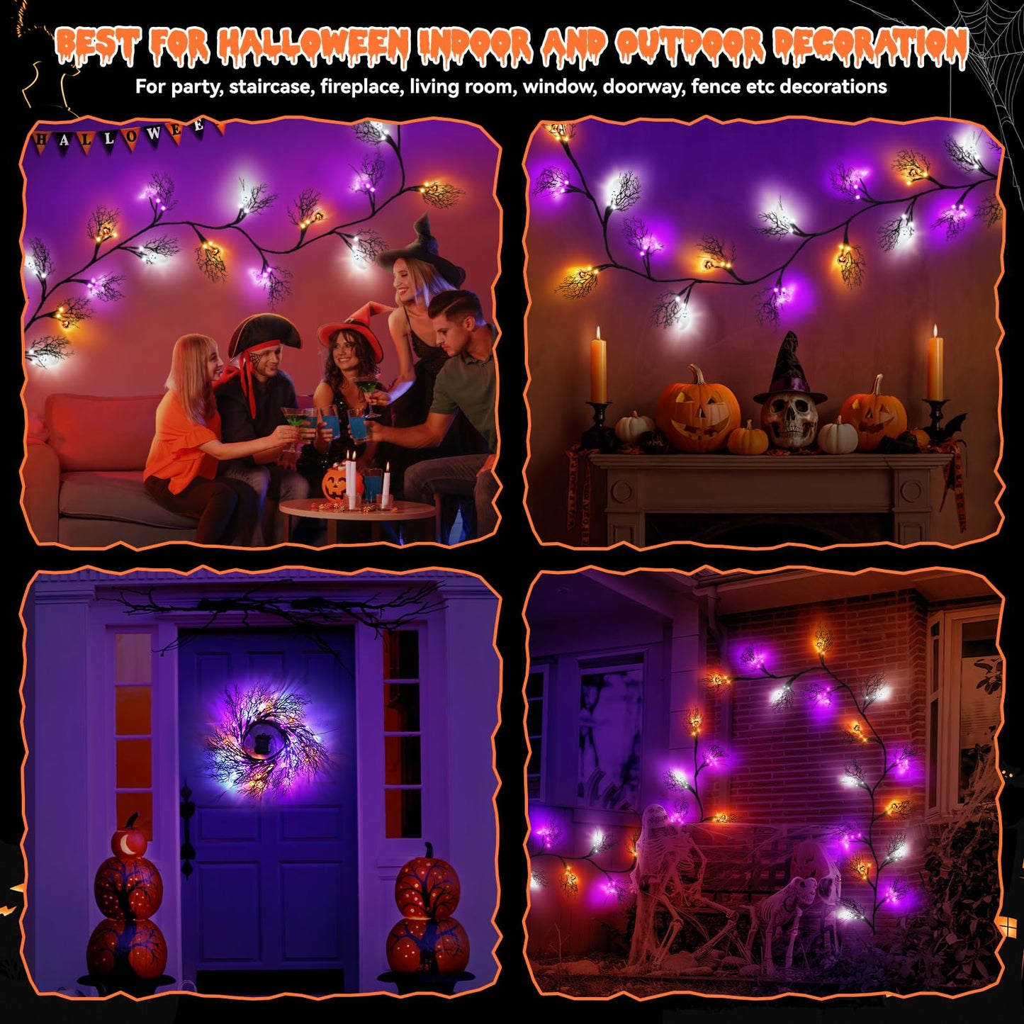 6 FT 54 LED Halloween Lights, 8 Modes & Timer Battery Operated Halloween Pumpkins Bats Ghosts Lights with Willow Vine Twig, 3D Waterproof Decorations Lights for Indoor Wall Party Fireplace Mantle