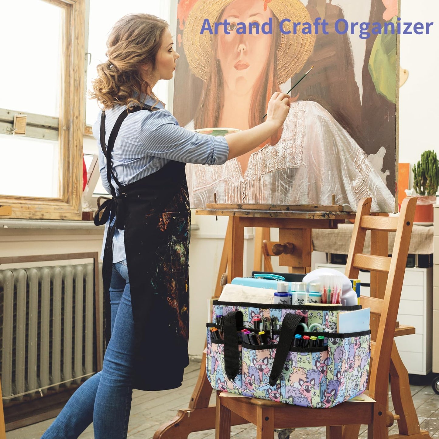 JOSIVIKY Craft Organizer Tote Bag, Art Organizer, Craft Caddy with Multiple Pockets, Storage Bag for Sewing Tools, Art Supplies, Home and Office (Cat Print)