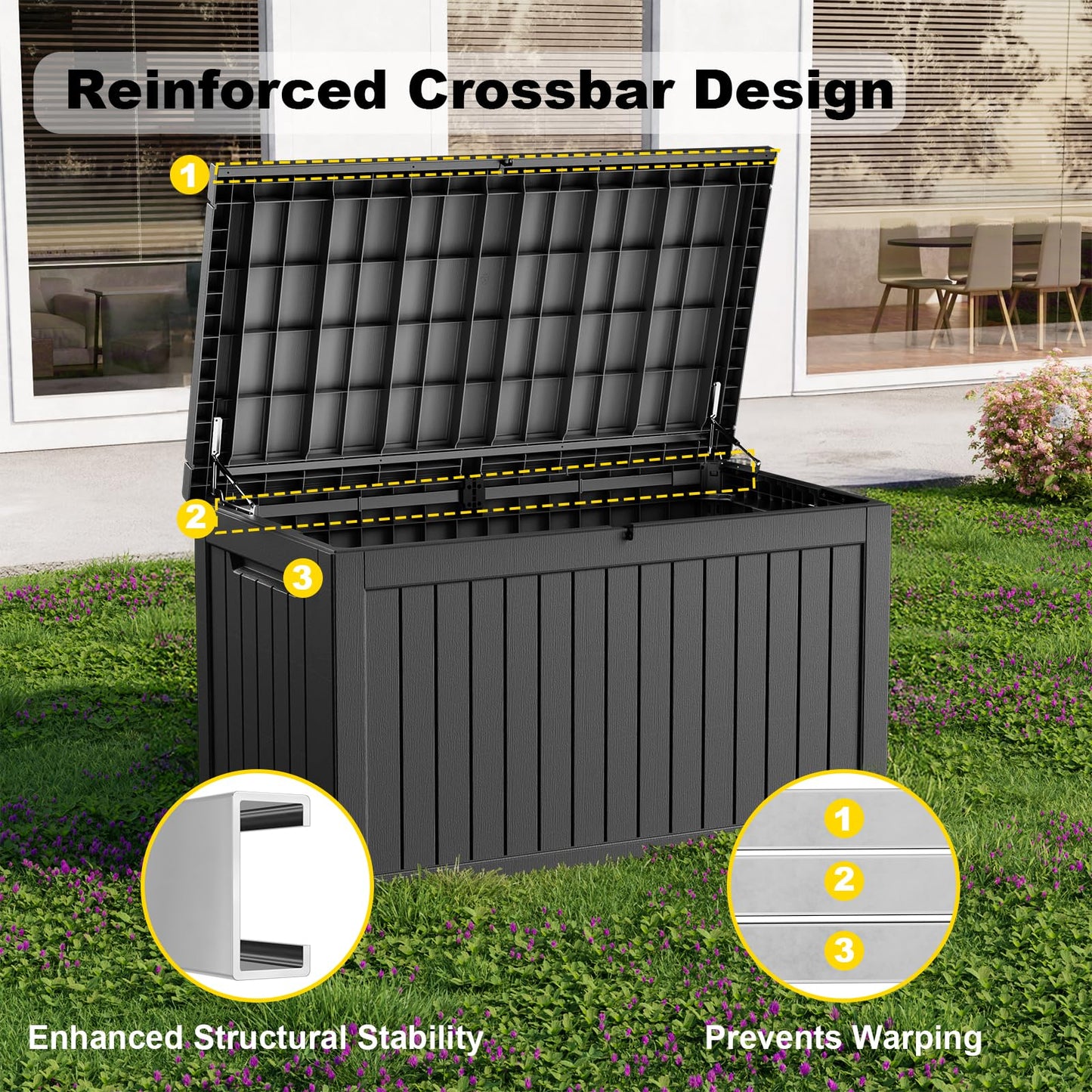 KFY 280 Gallon Waterproof Outdoor Storage Box, UV Resistant Resin Deck Box with Hydraulic Rod for Reinforced Stability, Perfect for Patio, Garden, and Pool(Black,280 Gallon)