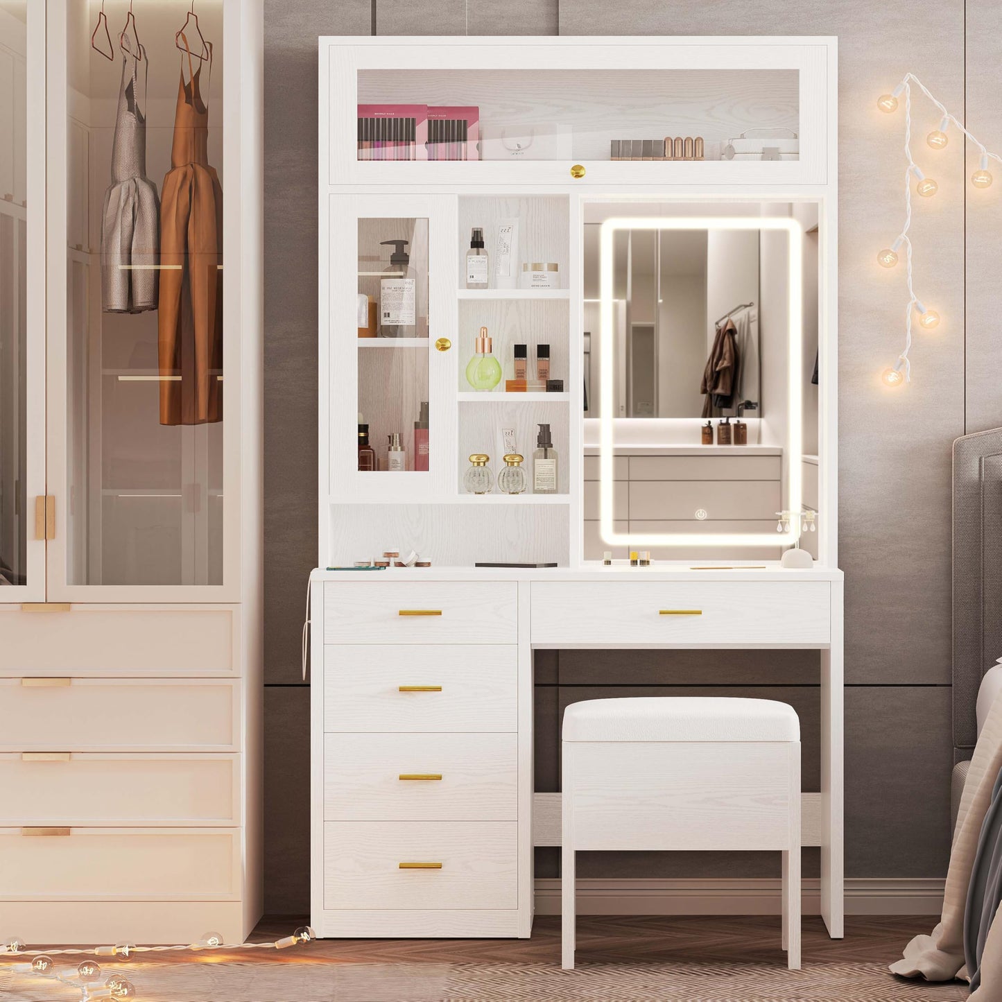 IRONCK Vanity Desk with Lighted Mirror and 5 Drawers and Cabinet Shelves, 74.4" Height Makeup Table Set with Stool, Large Storage and Space Saving, White