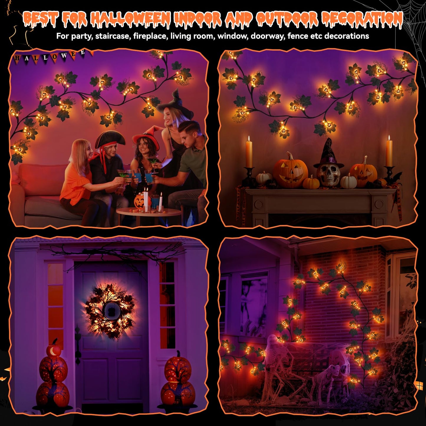 6 FT 54 LED Halloween Lights, 8 Modes & Timer Battery Operated Halloween Pumpkins Lights with Willow Vine Twig Garland, 3D Waterproof Decorations Lights for Home Indoor Wall Fireplace Mantle Party