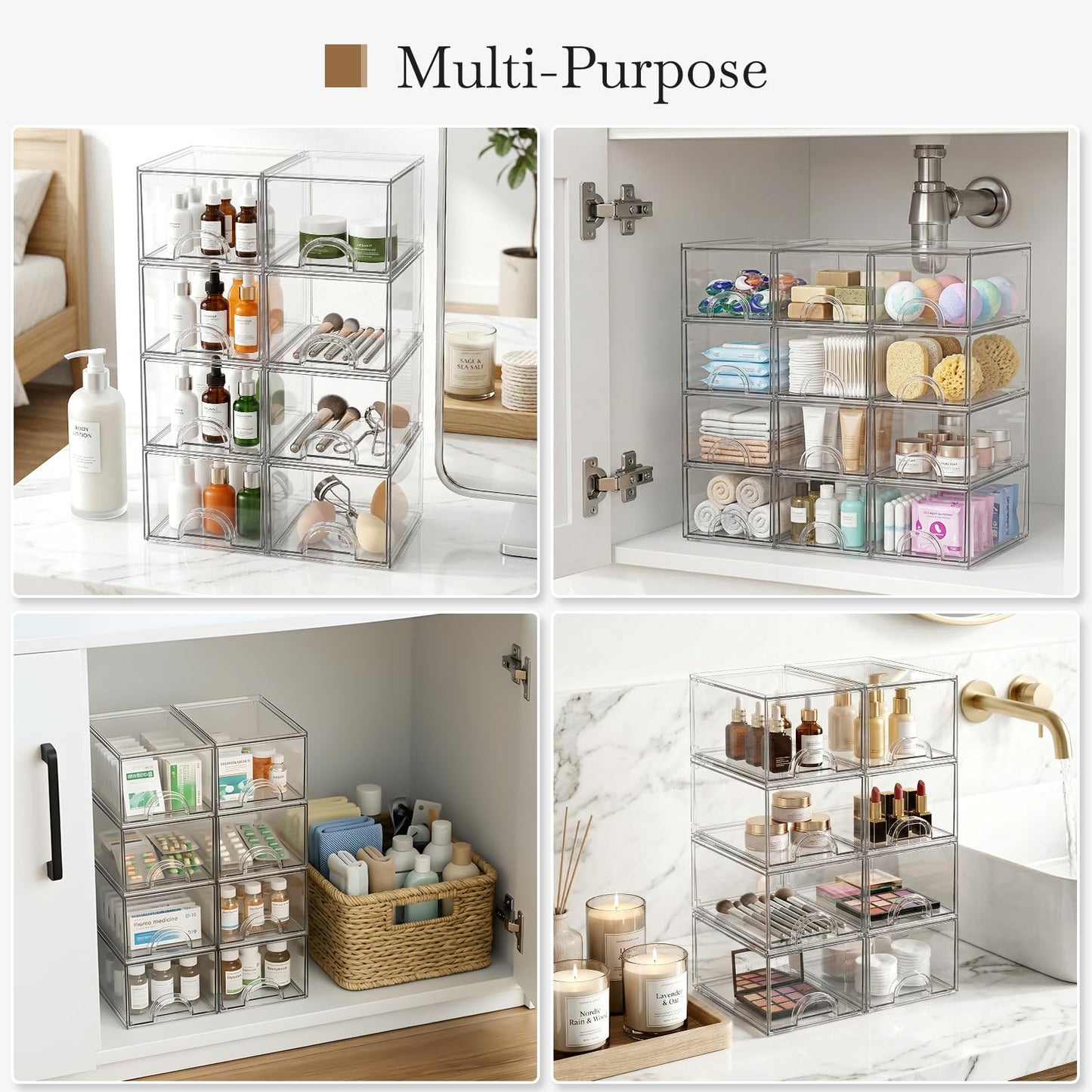 Zeawec 8 Pack Small Clear Stackable Acrylic Storage Boxes for Art Tool & Sketch, Storage Drawers, Storage Organizer, Clear Plastic Makeup Organizer, Ideal for Vanity, Cabinet, Desk Organization