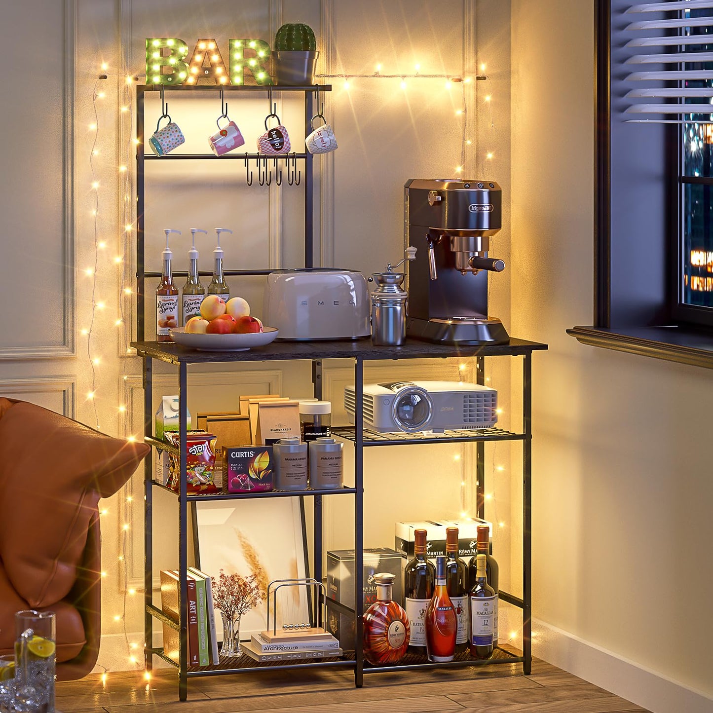 Baker's Rack for Kitchen with Storage, Microwave Stand with Adjustable Shelves and 10 S Hooks, 6-Tier Coffee Bar Station, Kitchen Shelves for Spices, Pots, Rustic Brown