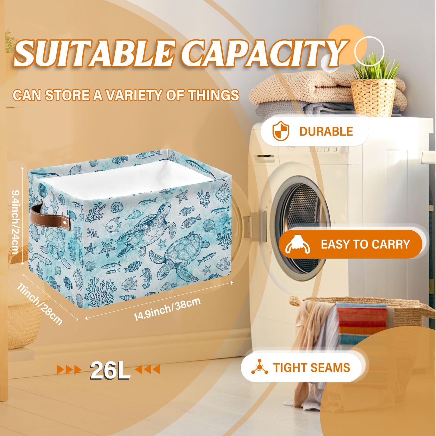 REETOOK Rectangle Ocean Sea Turtle Storage Basket, Storage Box Bin with Handles for Toy, Collapsible Laundry Hamper, Laundry Organizer for Room Nursery, Gifts for Chritsmas Thanksgiving 14.9x11x9.4