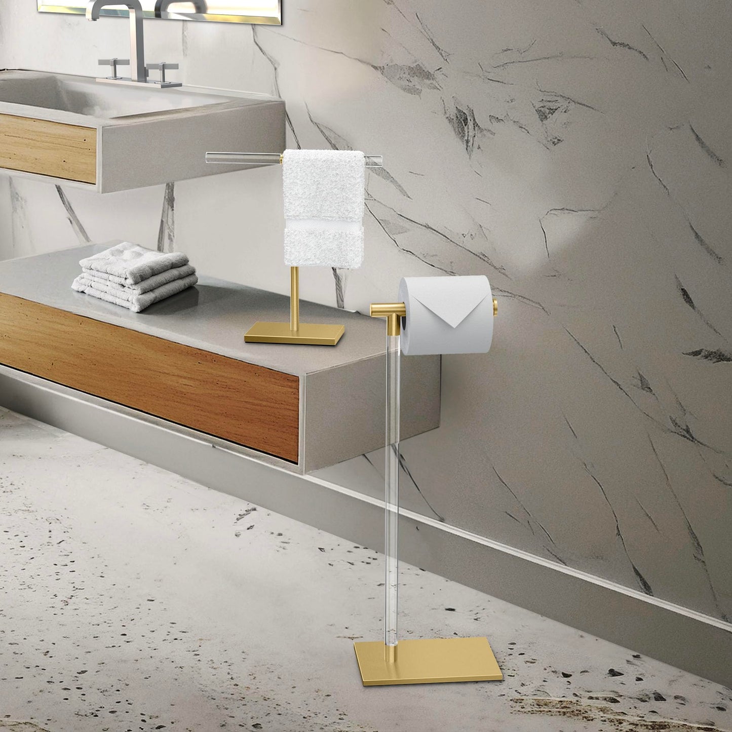 Gatco 1344B, Modern Rectangle Base Freestanding Countertop Towel Holder, Brushed Brass/Acrylic / 10.50" W x 11.13" H T-Shape Style Countertop Hand Towel Holder for Bathroom, Kitchen Towel Rack