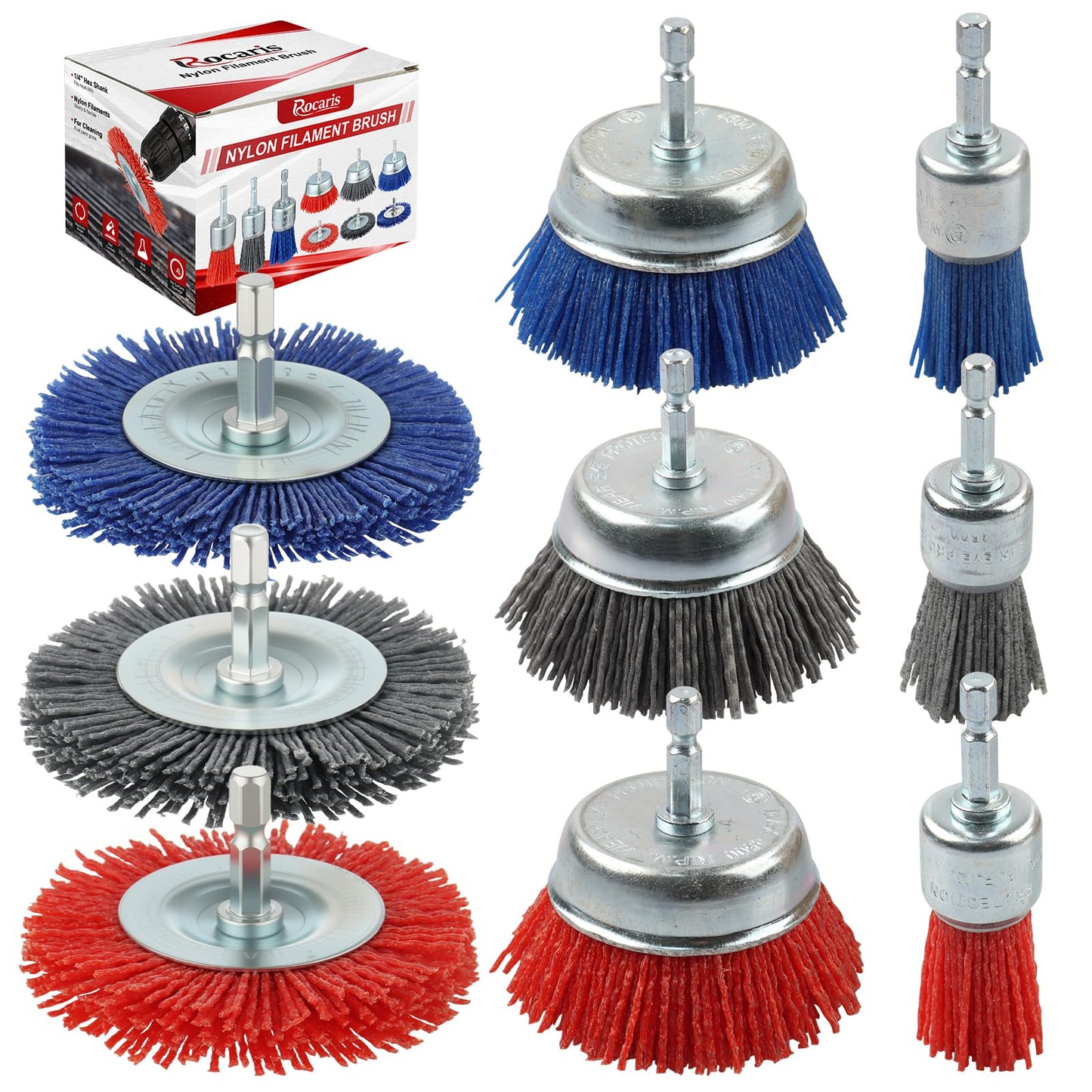 Rocaris 9 Pack Nylon Filament Abrasive Wire Brush Wheel & Cup Brush Set with 1/4 Inch Hex Shank, for Removal of Rust/Corrosion/Paint - 80 Grit, 120 Grit, 240 Grit