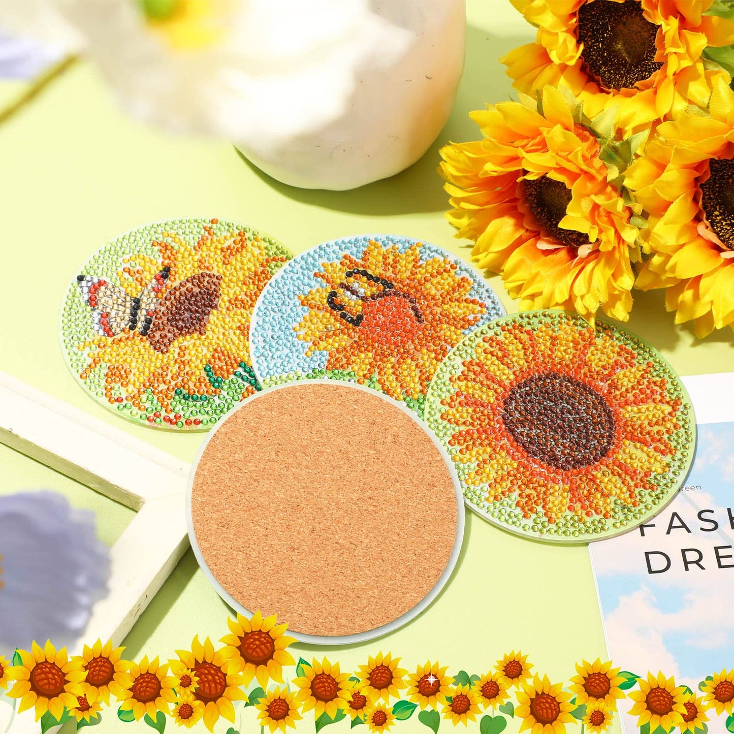 UPINS 8Pcs Sunflower Diamond Art Painting Coasters for Drinks DIY Coaster Diamond Art Kits for Adults Diamond Art Craft Supplies (Sunflower)