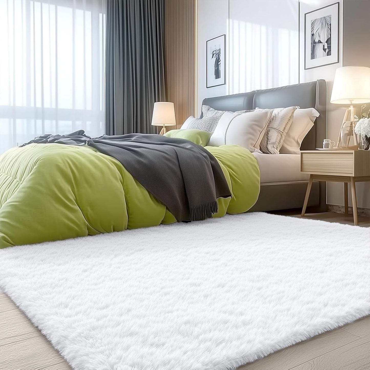 OLANLY Soft Fluffy Shaggy Area Rug - 4x5 Machine Washable Accent Rug for Bedroom & Nursery | White