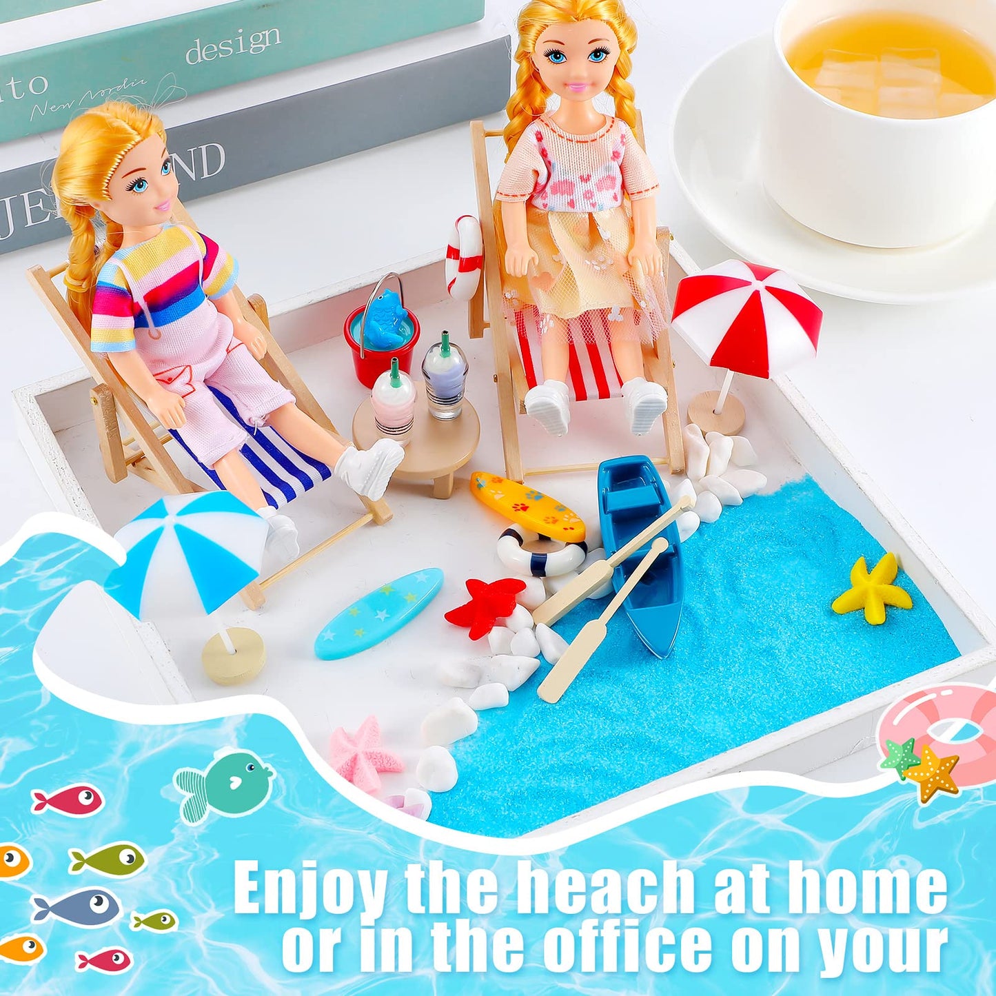Minatee 25 Pcs Beach Miniature Dollhouse Decoration, Umbrella Palm Chair Miniature Toys Garden Dollhouse Outdoor Accessories Beach Decorations for DIY Garden Plant Pool(Red, Blue)