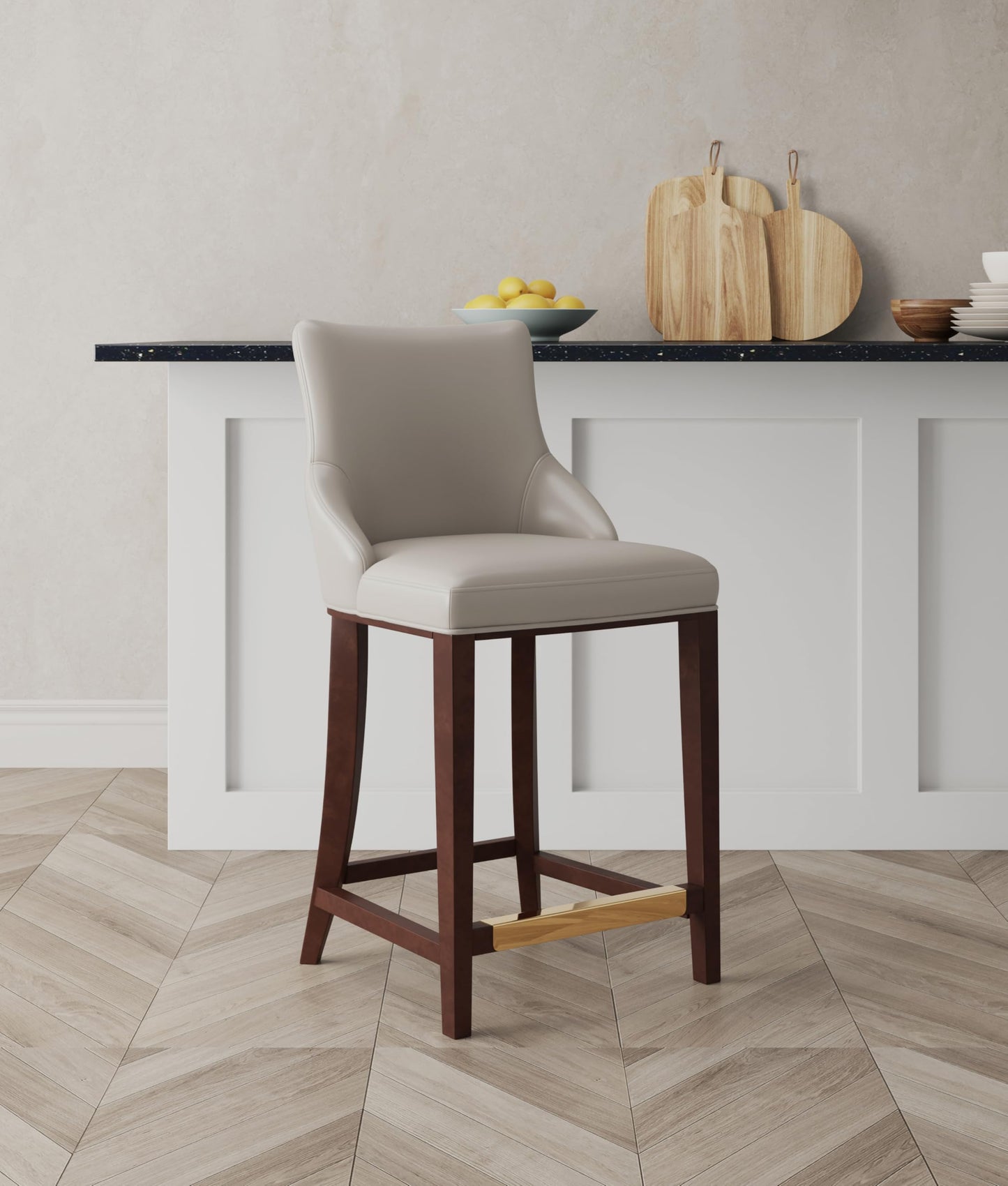 Manhattan Comfort Shubert Modern 26 Inch Bar Stools - Elegant Faux Leather Upholstery, Foam Padded Seat, Solid Beech Wood Base with Gold Metal Footrest, Fully Assembled Barstools, Set of 2, Light Grey