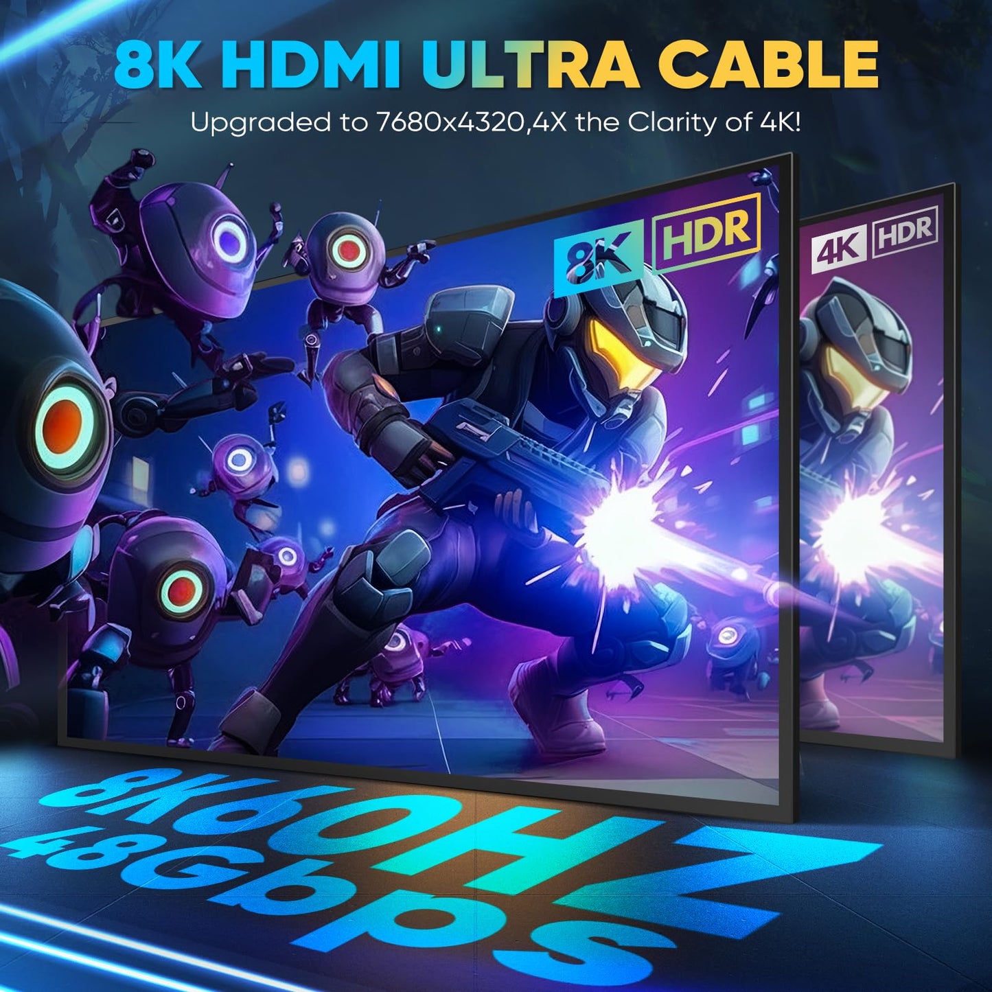 10K 8K HDMI Cable, 1.5FT, 3.3FT, 6.6FT, 10FT, 16FT, 20FT, 25FT Heavy Duty High-Speed Braided HDMI Cable, Professional HDMI Cord, 48Gbps, 4K@120Hz, 8K@60Hz, HDR, DTS:X, HDCP 2.2/2.3
