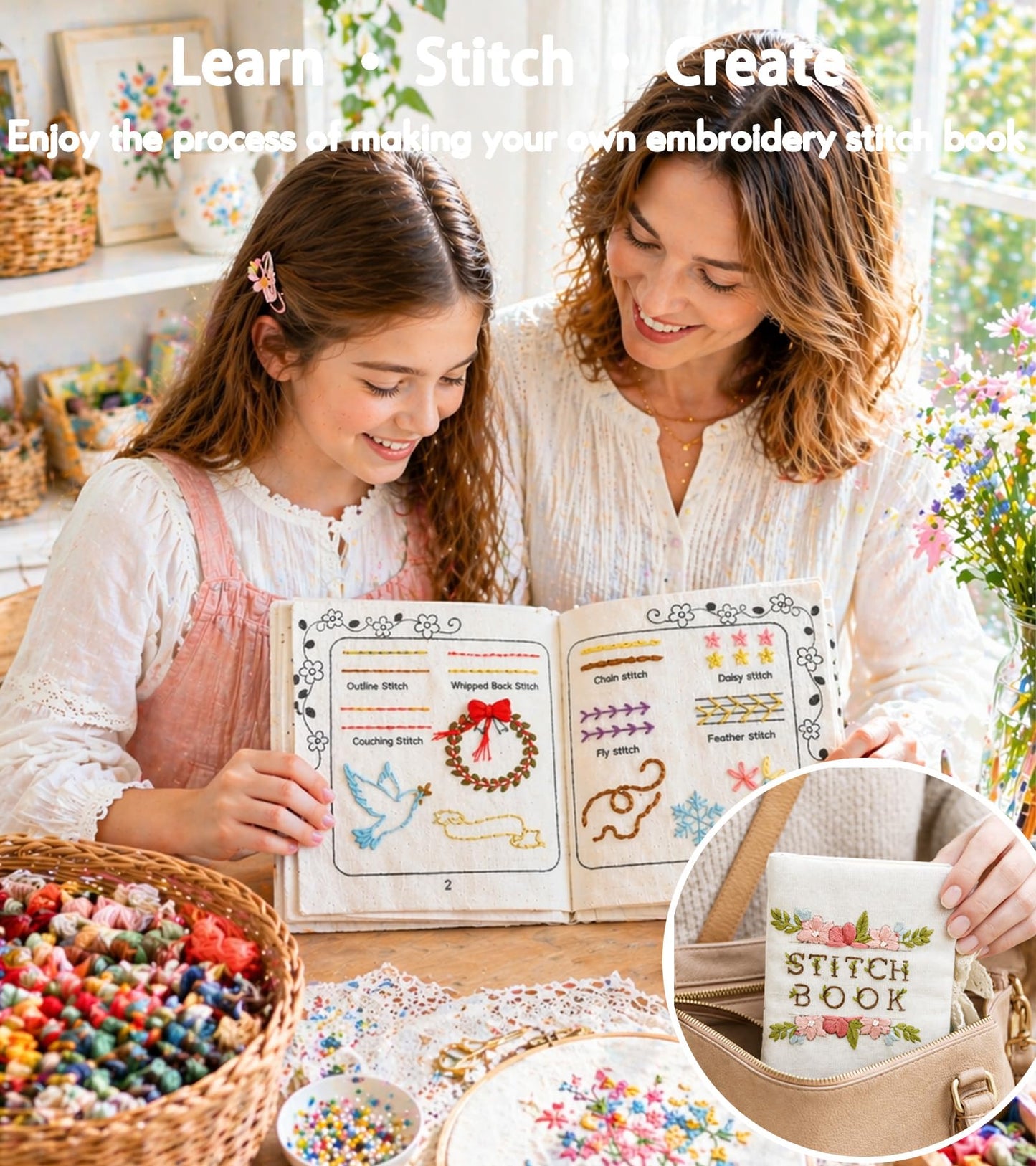 CIZULFY Beginner Embroidery Stitch Book Kit with Pre-Printed Fabric, 30 Essential Stitches and Practice Patterns(Floral Animal etc), Embroidery Beginner kit Adult with Tool and Video Guide