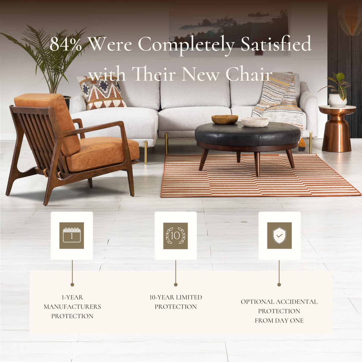 Poly & BARK Verity Leather Accent Chair – Armchair with Walnut Wood Frame – Fashion-Forward Lounge Seating for Living Room – Upholstered in Cognac Tan Leather for Modern Style