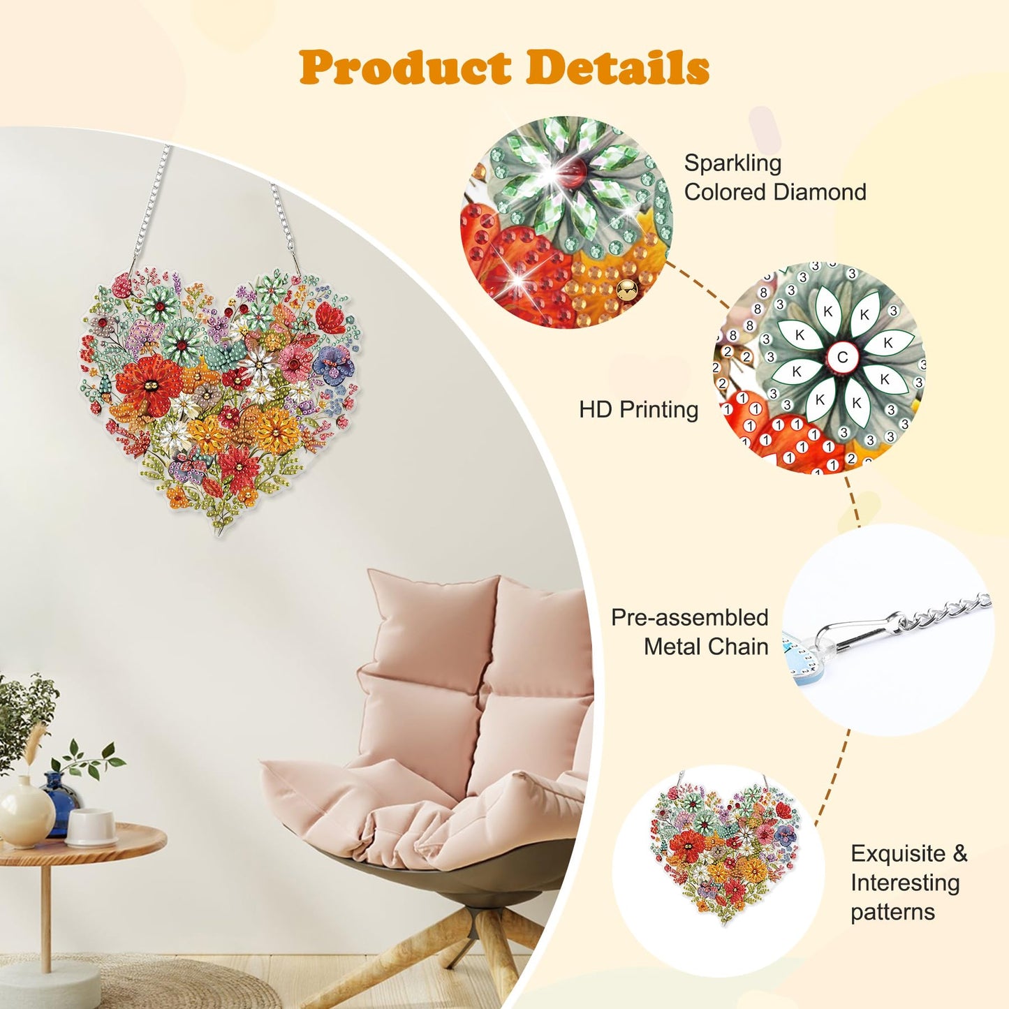 HEIBAGO Heart Flower Diamond Art Hanging Kits for Adults, Diamond Art Suncatchers, 5D Special Shape Diamond Painting Pendant, DIY Window Ornament Gifts for Home Garden Door Wall Decor 8.3 x 8.3 Inch