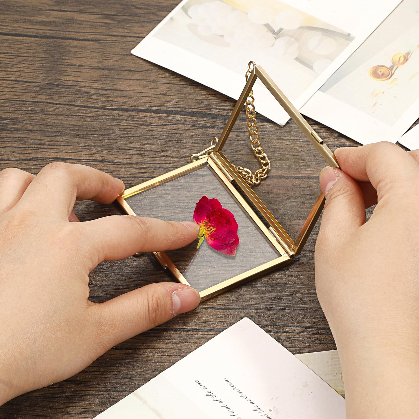 JUXYES 8 Pack Mini Brass Floating Frames Ornaments With Hanging Chain - Double Glass Tiny Picture Display Frame - Gold Wallet Size Floater Style Gallery Wall Frame for Pressed Flowers, 2x3 Inches