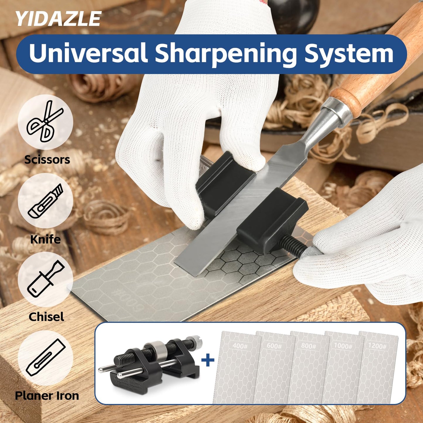 YIDAZLE Chisel Sharpening Kit Honing Guide & 5 Diamond Sharpening Stones, Adjustable Chisel Sharpener Jig for Woodworking Tools, Plane Irons, Knives, and Blades, All-Metal Construction