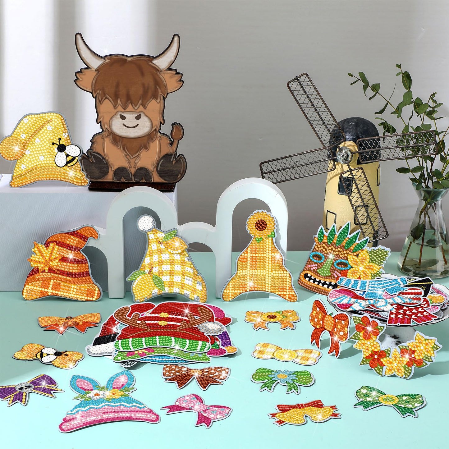 DoubleFill 42 Pcs Summer Diamond Kits 4th of July Interchangeable Wooden Table Decorations DIY Summer Holiday Party Seasonal Tiered Tray Art Decor Diamond Painting Magnets(Highland Cow)