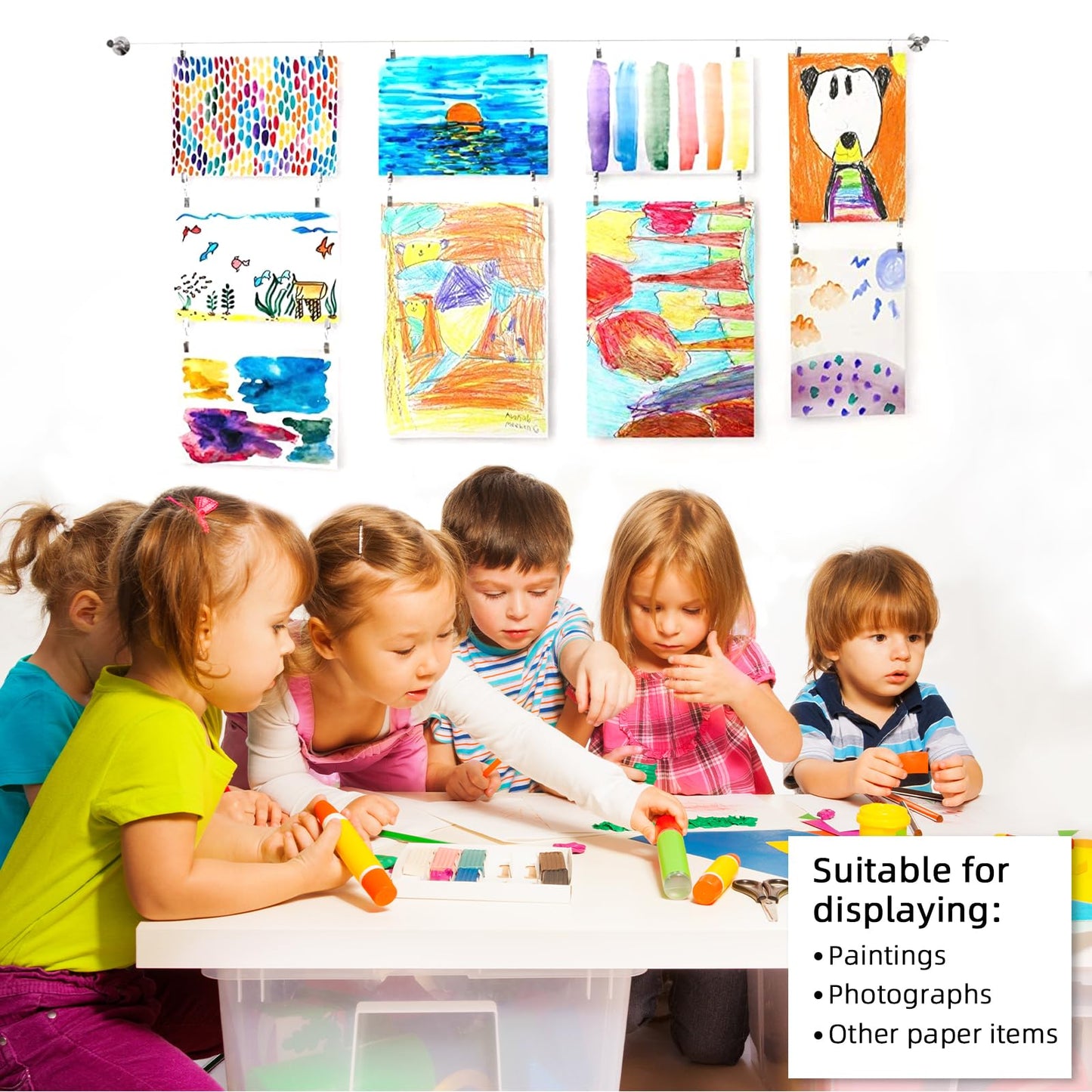 Art Display for Kids Artwork, 5ft Picture Hanging Wire Kit with 48 Clips for Kids Art Artwork Display, Photo, Wall Hanging Room Bedroom Decor