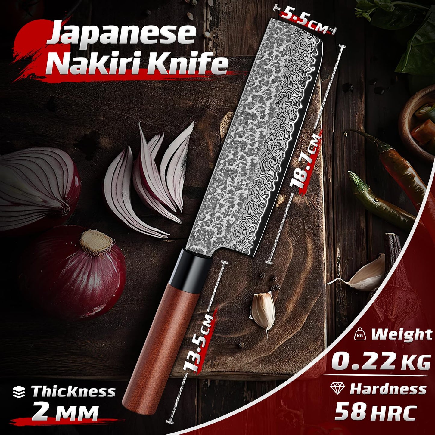 Huusk Japanese Nakiri Knife 7-Inch - Hand Forged Meat Cleaver Vegetable Chopping Knife, VG10 Damascus Chef Knives with Rosewood Handle, Japanese Kitchen Knives for Cooking, Gifts for Men