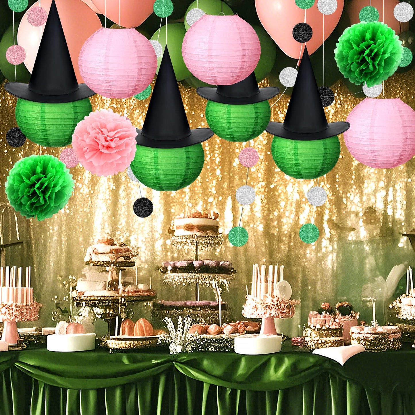 Rossesay Witch Theme Birthday Decor 10 Inch DIY Pink and Green Paper Lanterns Witch Hats Party Supplies Hanging Pom Poms Hats Princess Theme Garland for Enchanted Birthday Cosplay Fantasy Celebrations