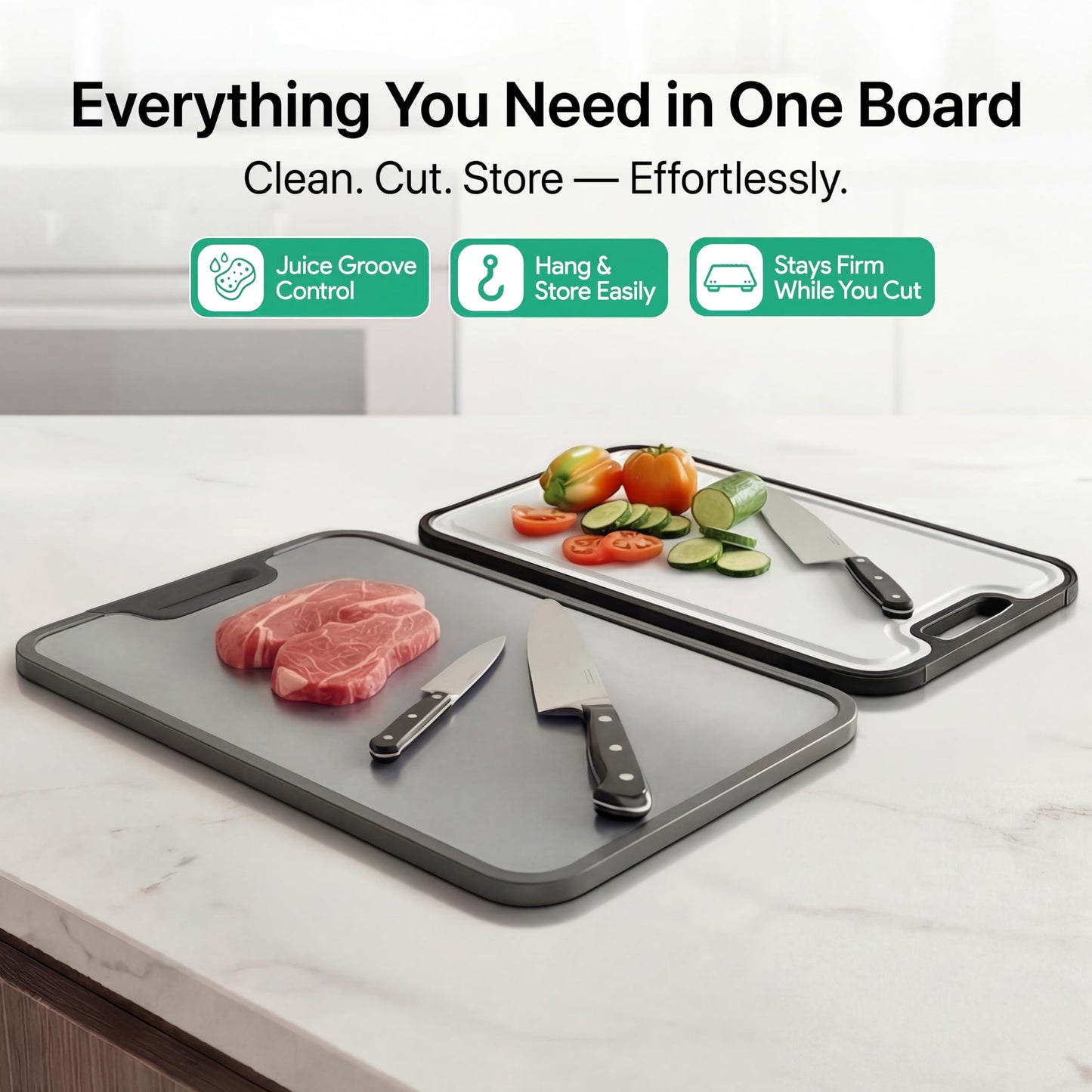 Titanium Cutting Board for Kitchen – Non Toxic & Hygienic, Reversible 2-in-1, Durable Metal Surface, Easy to Clean, Dual Surface with PP Wheat Fiber Side, Juice Groove, 16"x11"