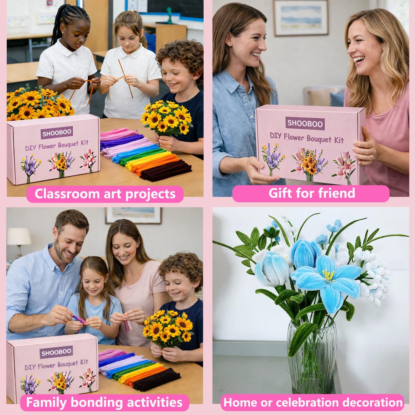 700 PCS Pipe Cleaner Flower Kit, Pipe Cleaners Craft Bulk 14 Colors Chenille Stems Flower Making Kit with 14 Flower Designs Guiding Book, Floral Stems & Craft Accessories for Art and Craft Supplies