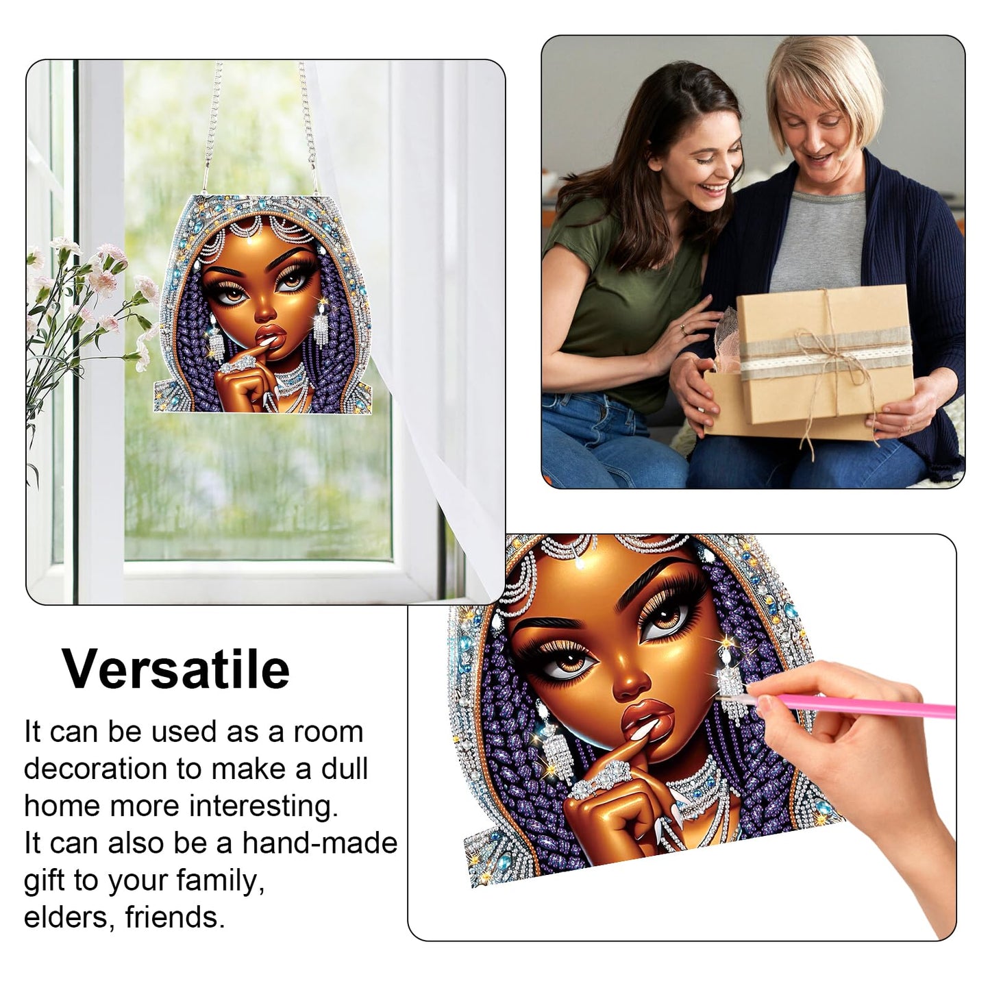 Focart 5D DIY Acrylic Special Shaped Diamonds Painting Hanging Pendant Kits, Lady Jewelry Diamond Art Hanging Window Pendant Ornament for Home Decoration and Gift
