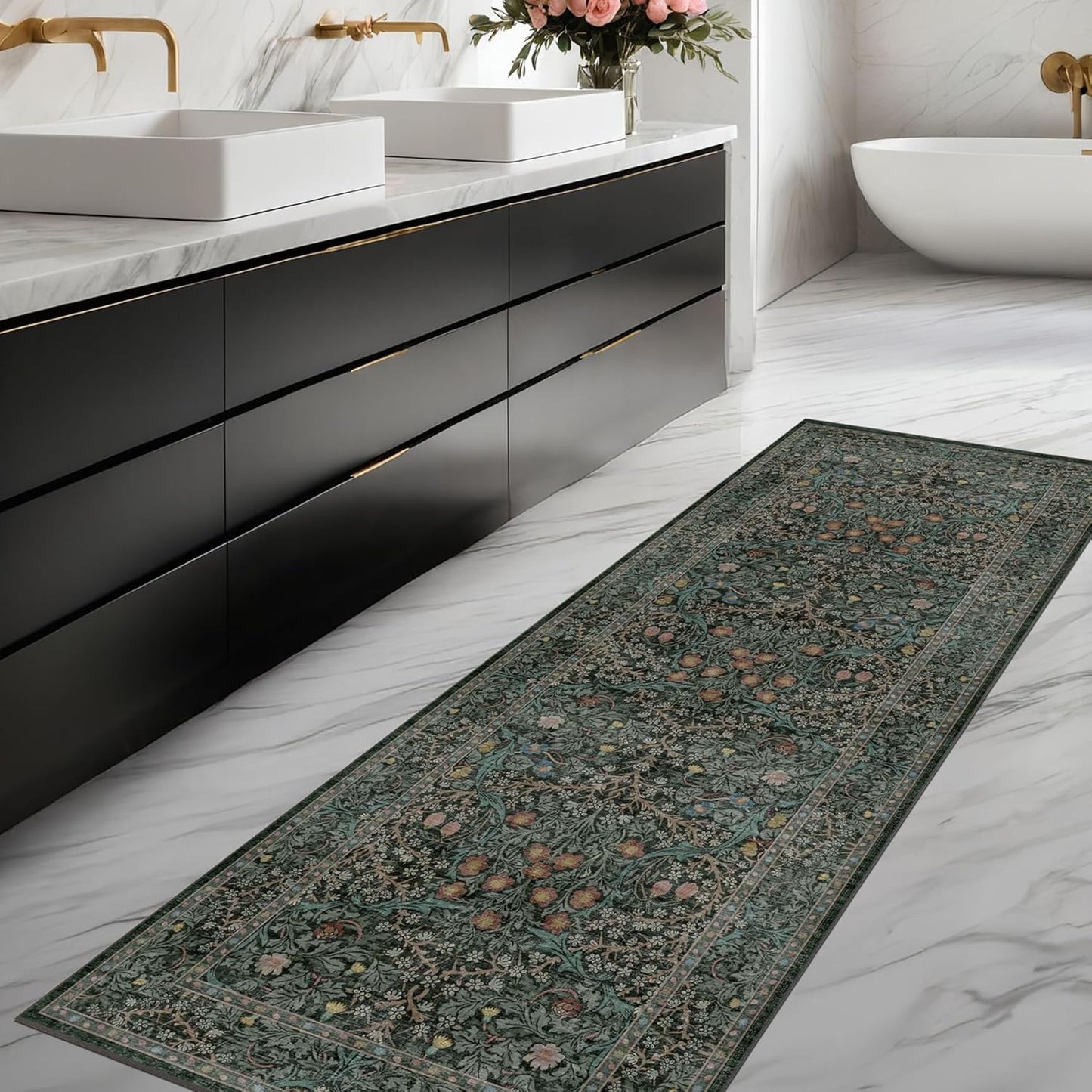 Regine Switzerland Dark Green 2x5 Non-Slip Runner Rug - Washable Floral Boho Design for Entryway