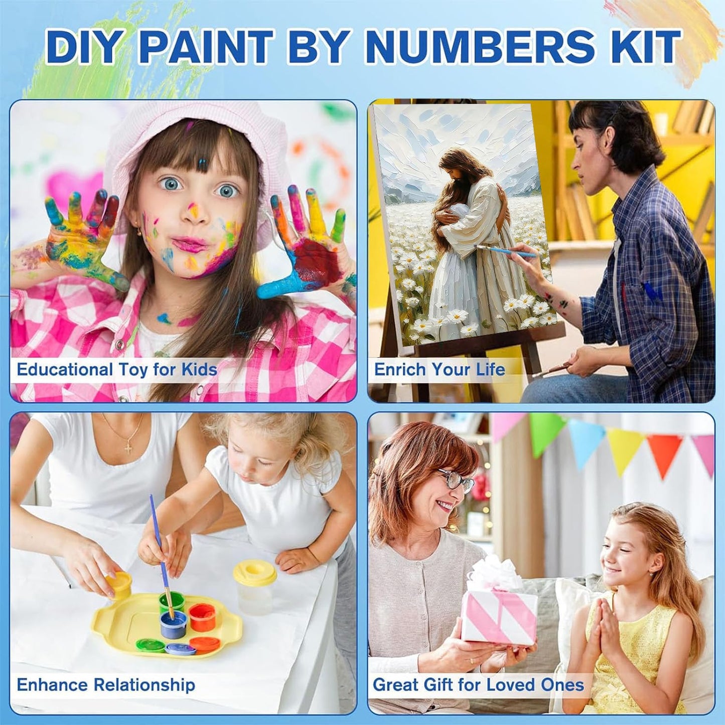 2 Pack Paint by Numbers Kit for Adults - Wooden Easel, Jesus Paint by Numbers with Frame, Christianity Adult Painting by Number Kits on Canvas, Easy Oil Painting Arts Gift Wall Decor 8x12inch