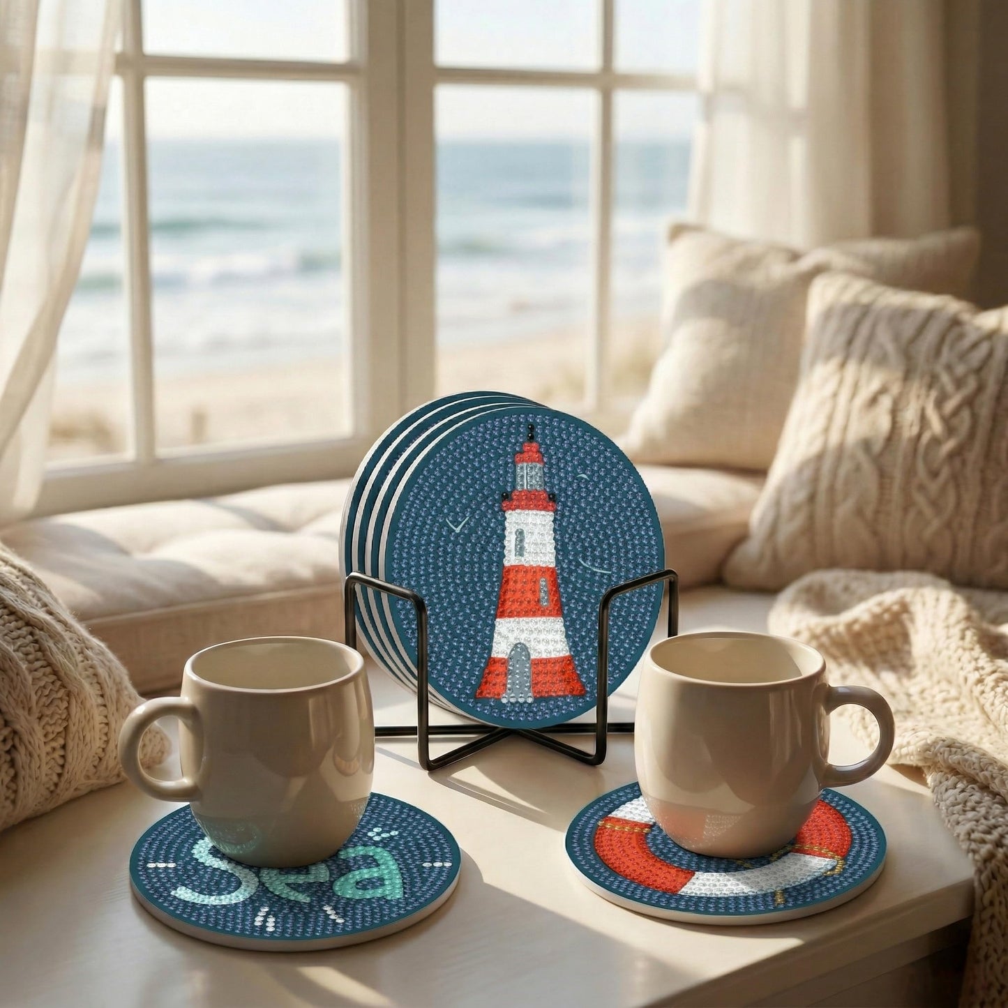 Ocean Nautical Diamond Art Coasters Kits, 8 Pcs Diamond Art Coasters Kit, Diamond Painting Coasters with Holder, Diamond Coasters for Beginners Adults, Crafts Kit for DIY Craft Gift