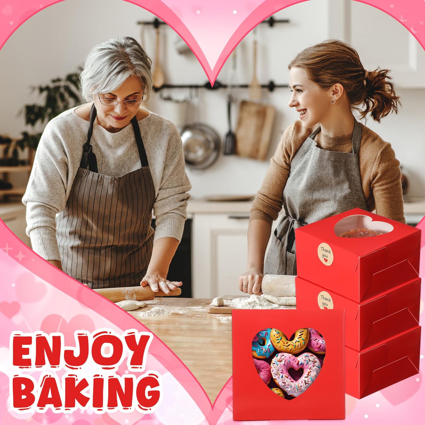 Janlaugh 25 Pcs Red Bakery Boxes for Women Mother with Window Heart Cupcake Treat Cookie Dessert Box Bulk Mom Gift for Chocolate Strawberries Donuts Candy Party Favor (6x6x2.5 Inch)