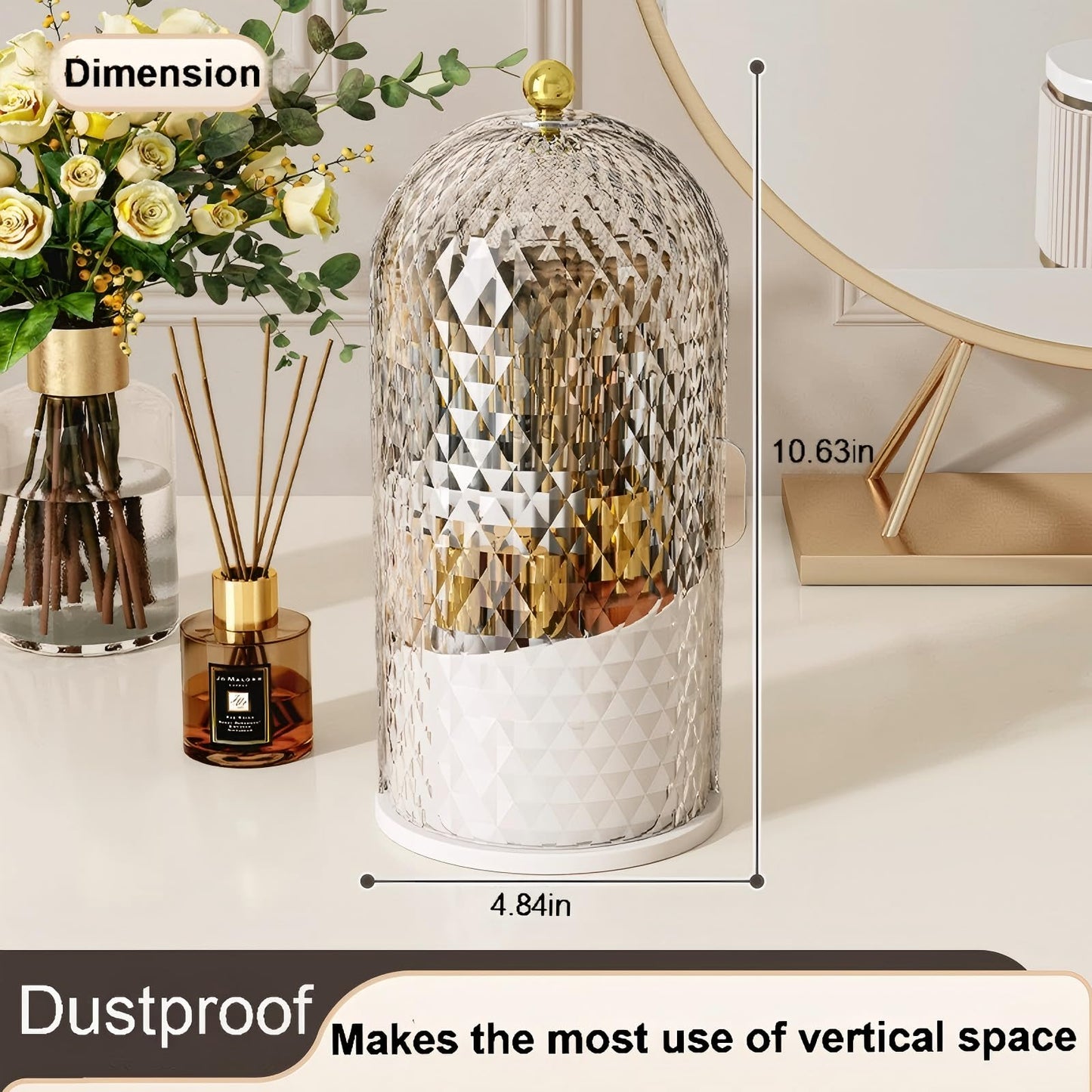 RONGZHIERK Makeup Brush Holder with Lid,Makeup Brush Storage Box with Diamond Pattern,360 Rotating Waterproof and Dustproof Beauty Brushes Storage for Vanity Bathroom,White