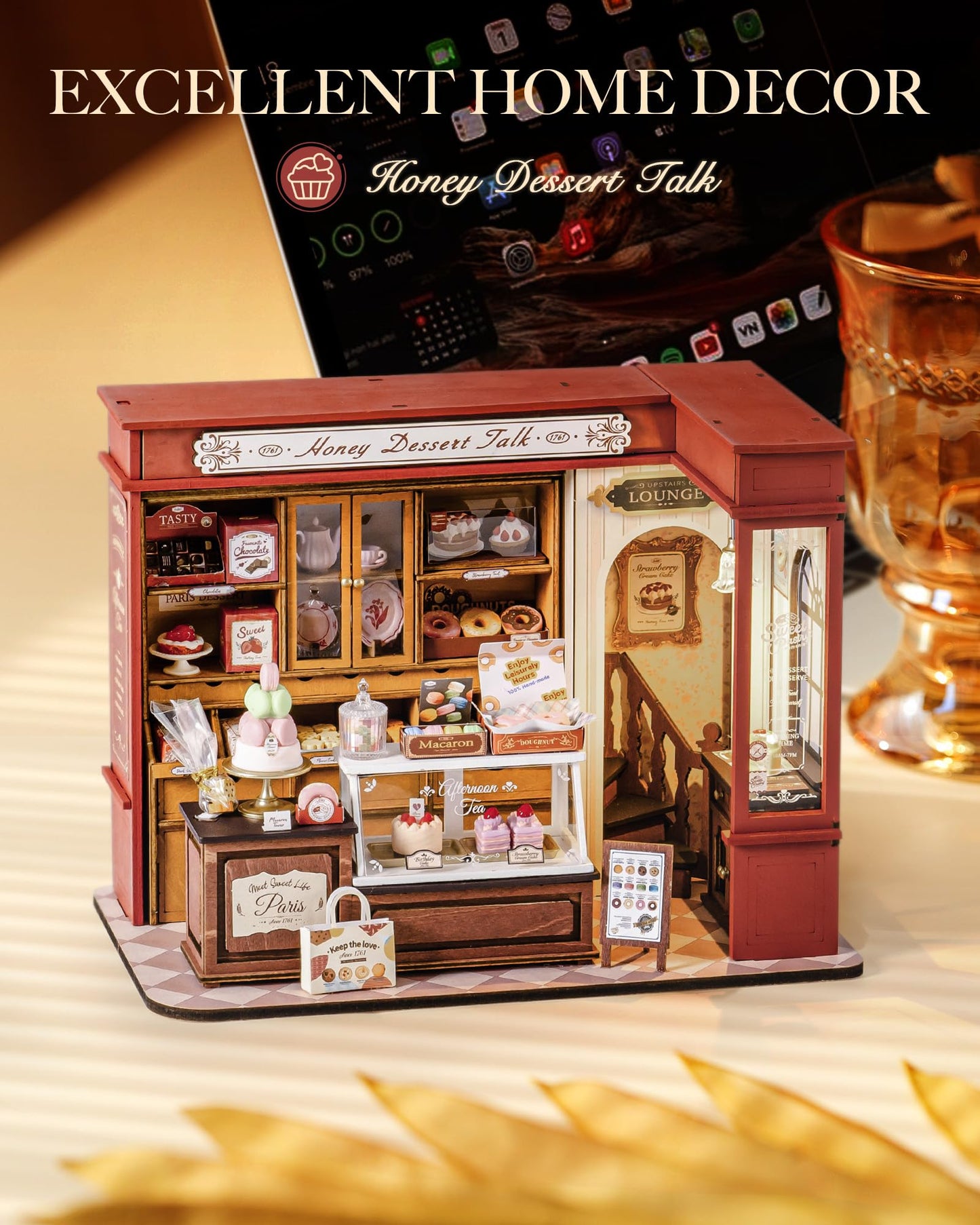 ROBOTIME DIY Miniature House Kit, Mini Wooden Dollhouse Kit for Adults, Building Kit with LED Light, Diorama Model,Halloween/Christmas/Birthday Gifts for Family/Friends (Honey Dessert Talk)