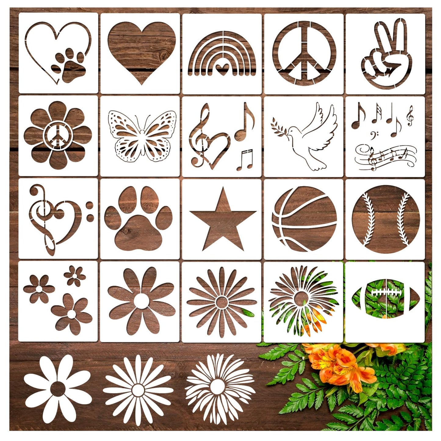 20 Pieces Stencil for Painting, Love Peace Sign Stencil Rainbow Star Heart Flower Stencils Reusable Music Notes Template for DIY Crafts Wood Canvas Paper Fabric Furniture (20pcs Peace Love)