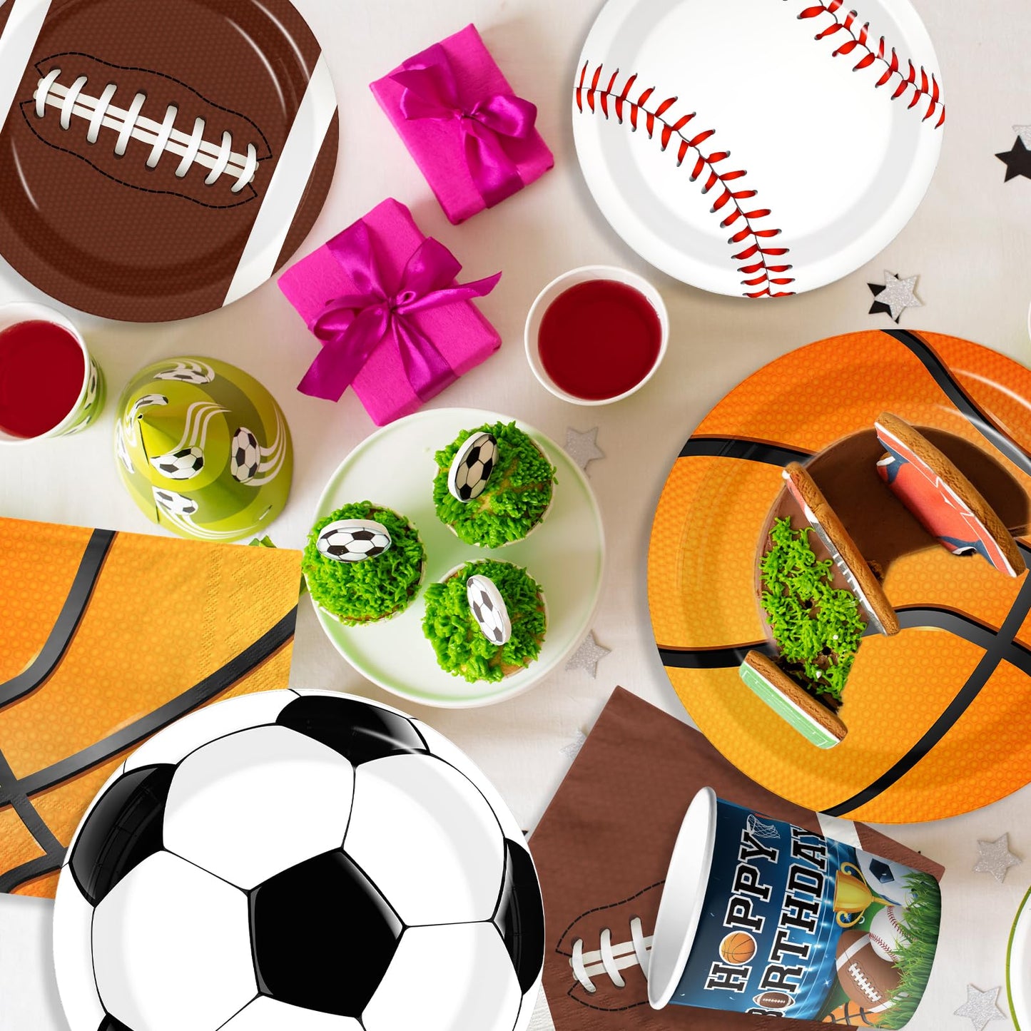198Pcs Sports Birthday Decorations-Basketball Baseball Soccer Football Plates and Napkins Set Serves 24,Sports Theme Party Supplies