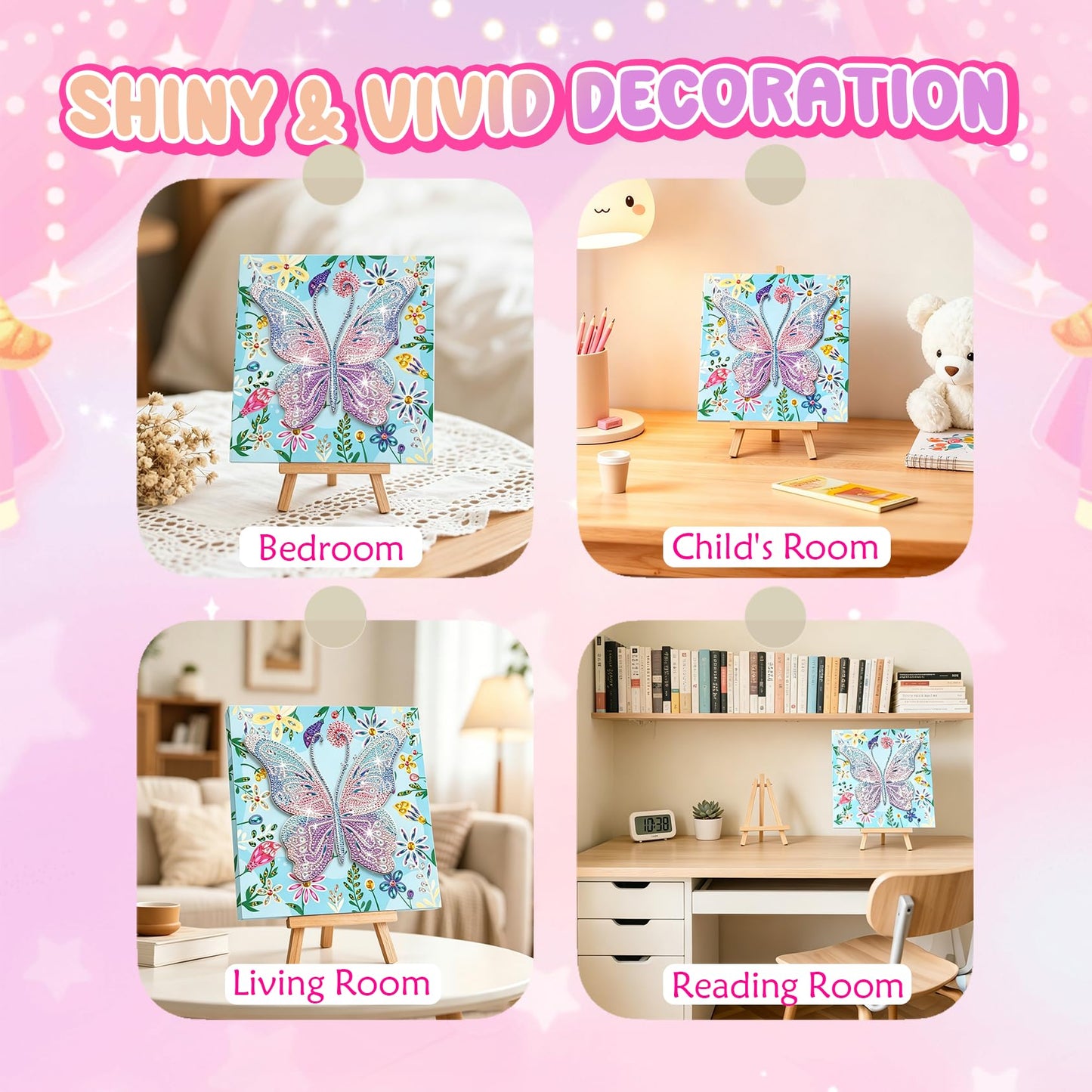 Butterfly Diamond Painting Kits with Frame, 5D Diamond Art Kit with Easel, DIY Gem Painting with Sparkling Rhinestones, Butterfly Canvas Art for Home Decor Unique Gift for Adult Beginner, 7.8x7.8 In