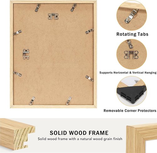JCJMY 11x14 Solid Wood Picture Frame - Display 8x10 with Mat or 11x14 Without | Natural Finish, Shatter-Resistant Plexiglass