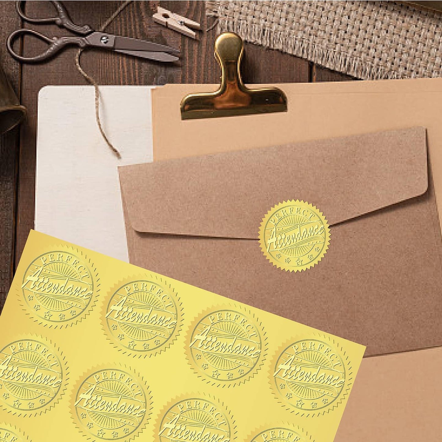 CRASPIRE 408Pcs Attendance Gold Foil Embossed Stickers 2" Self Adhesive Envelopes Seals Sticker Labels for Wedding Invitation Graduation Corporate Certificates Diplomas Gift Wrapping Decor