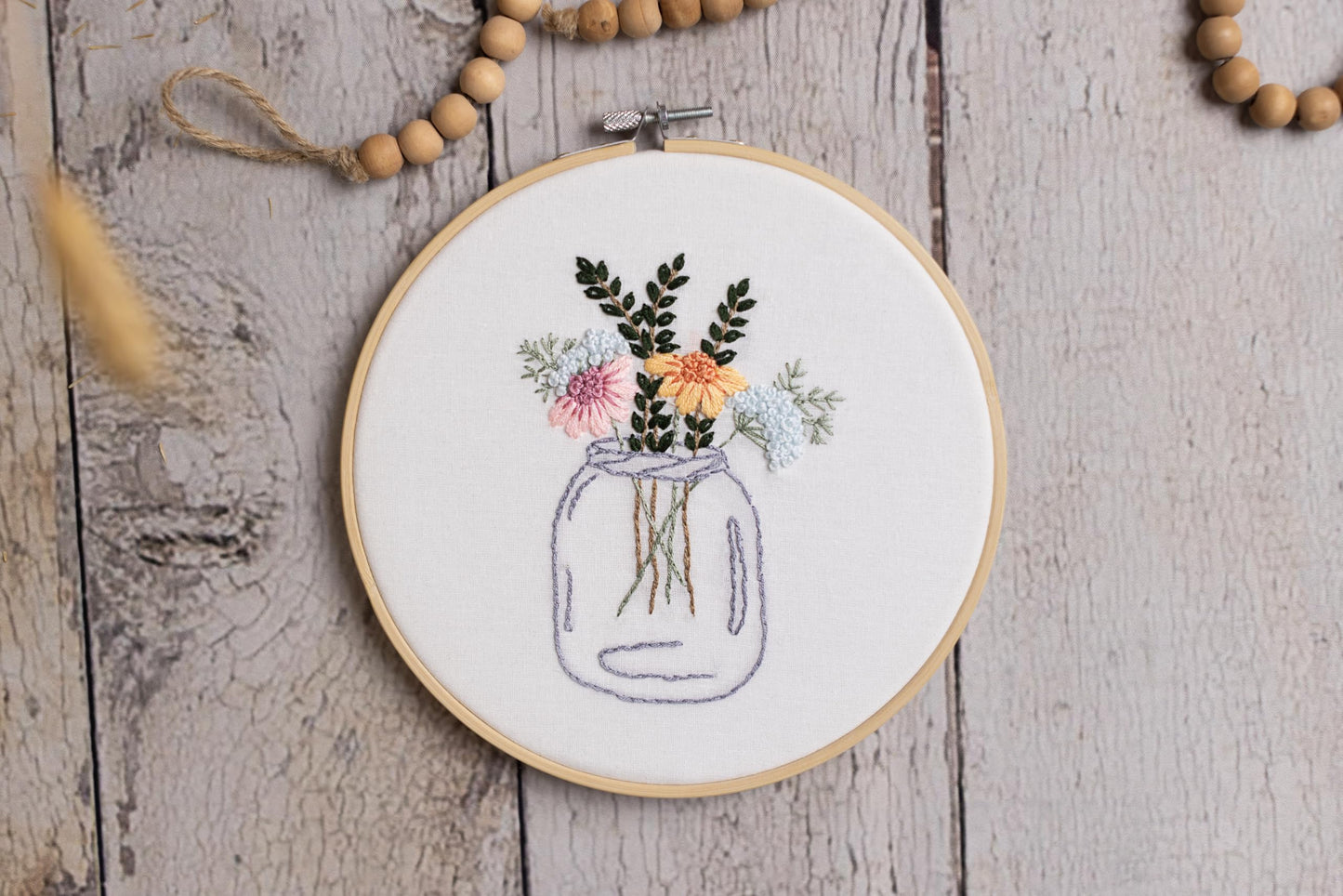 Looples Embroidery Kit for Beginners and Adults with Video Tutorials – DIY Starter Kit with 3 Stamped Floral Patterns, Hoops, Threads, Needles, and Instructions - Cart, Glass Jar, and Flowers