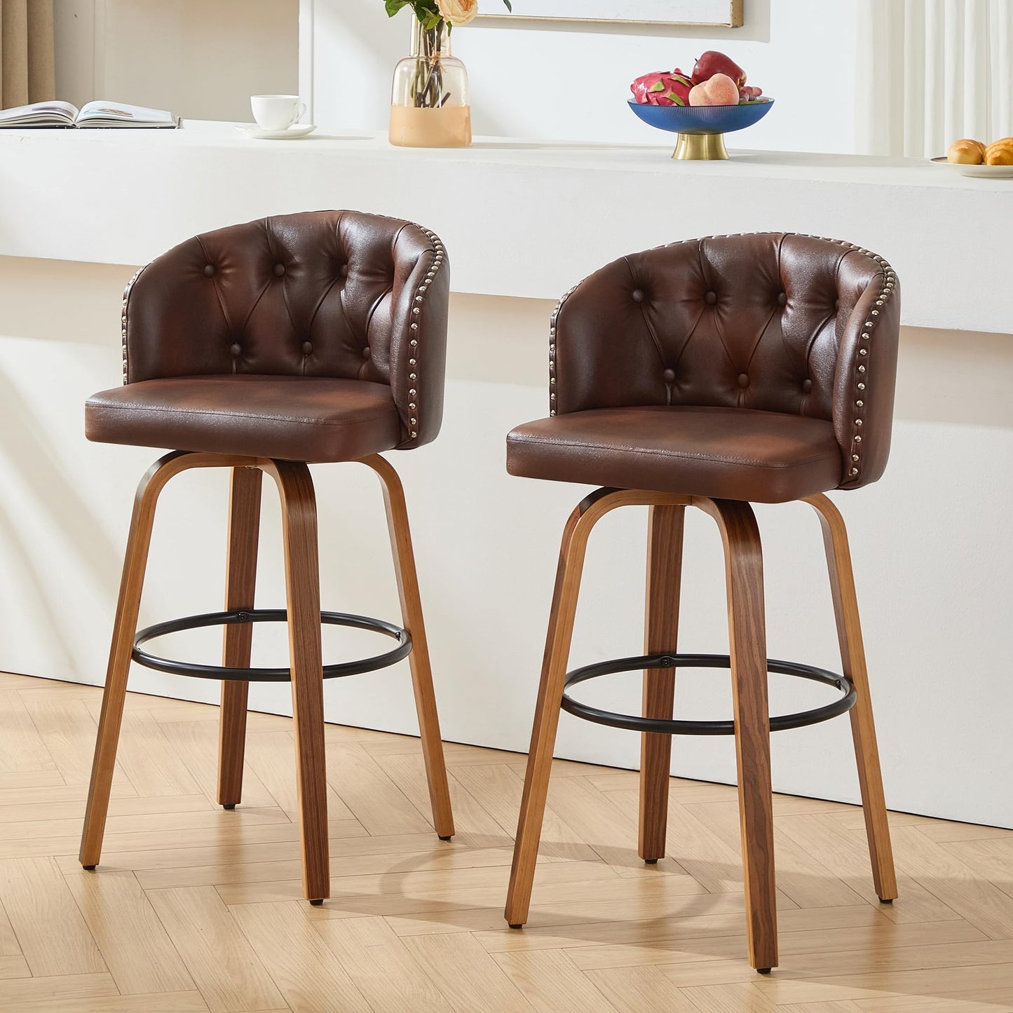 Dorlicecass 26" H Counter Height Bar Stools Set of 4,360°Swivel Bar Stools with Back,Seat Height Upholstered Counter Stools with Wood Legs and Footrest,Leather Farmhouse(Brown)
