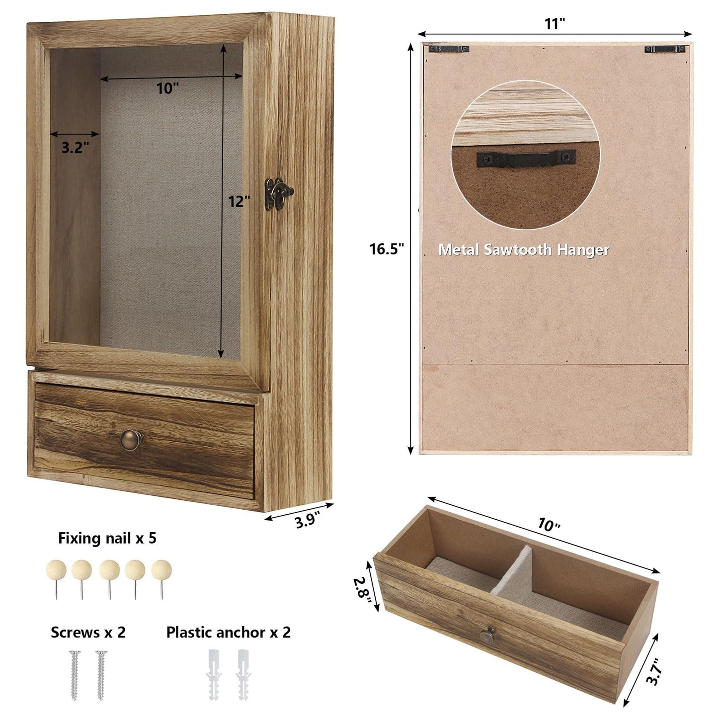 Butizone Shadow Box Frame, 3.2" Deep Shadow Box Display Case with Real Glass and Drawer, Rustic Wood Memory Box for Pictures, Flowers, Memorial, Medals, Wedding Bouquet for Wall or Tabletop, Brown