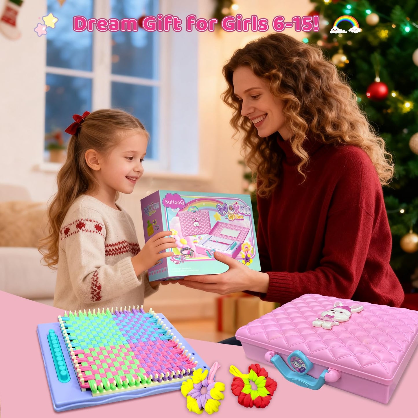 Weaving Loom for Kids & Friendship Bracelet Making Kit for Girls, Birthday Children's Day Craft Gifts Creative DIY Toy for Girls Ages 6-12, Easy Potholder Loom Knitting Kits, Rainbow Loops Weaving Set