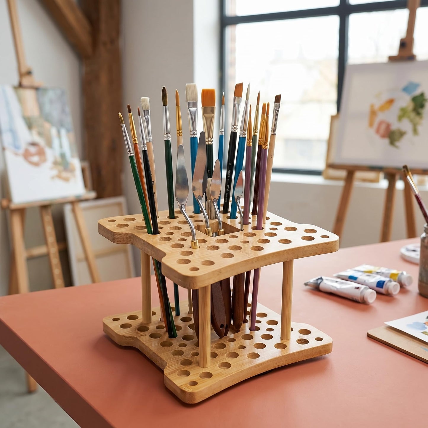 Cedilis 2 Pack Rotating Paint Brush Holder, 59 Holes Bamboo Paintbrush Holder Organizer for Pen, Pencil, Watercolor Brushes, Artist, No Assembly Required