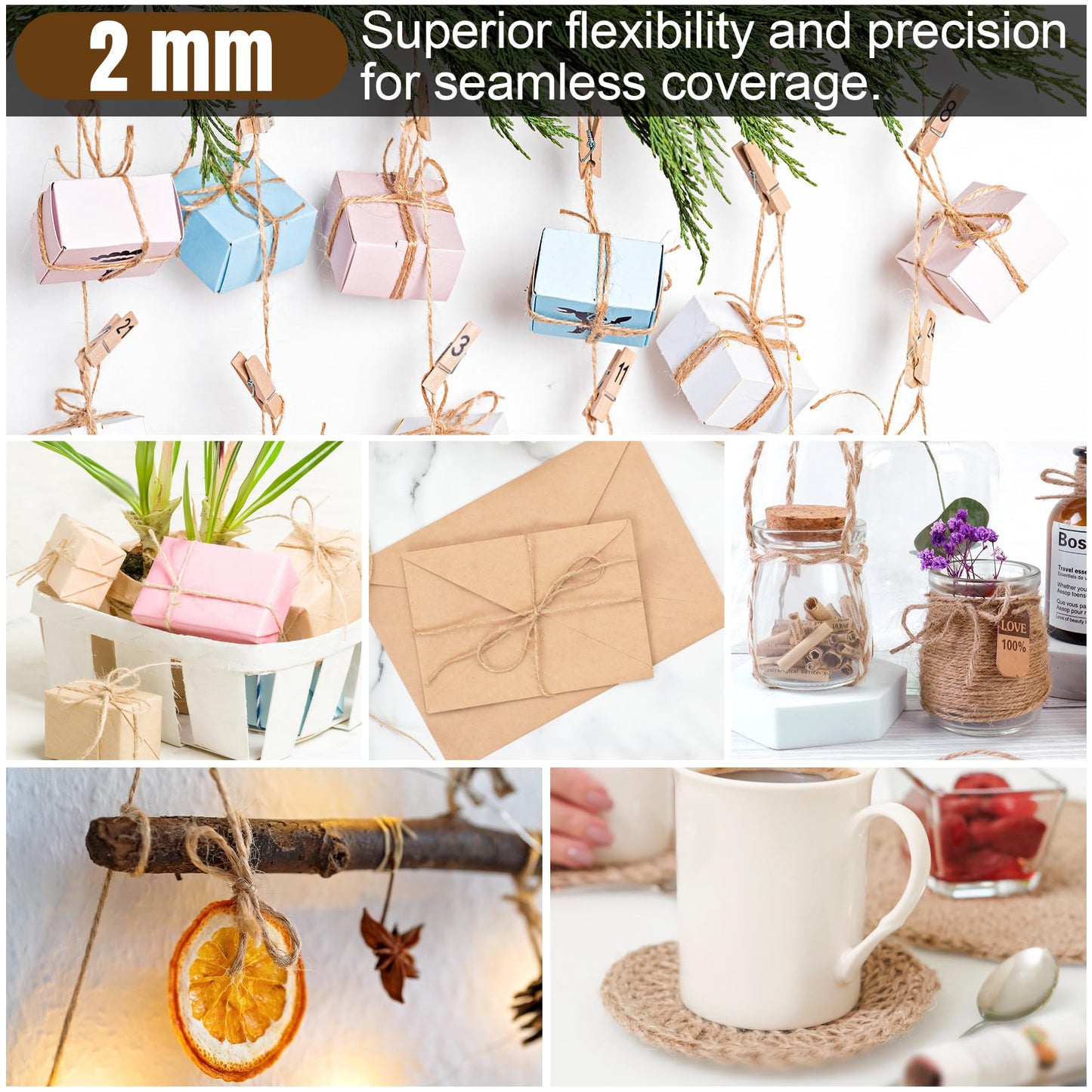 Jute Twine 2mm 4000 Feet Long Natural Jute Twine String for Garden, Crafts, Plant Tying, Gift Packing, DIY Projects(5Rolls, 800Feet/Roll)