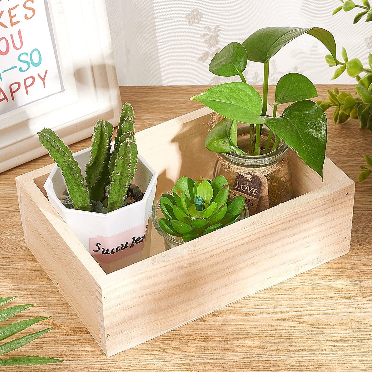LONG TAO 2 Pcs 7.5" × 5" × 2.4" Natural Wooden Succulent Planter Plant Container Box Window Boxes Rectangular Flower Pot Storage Box for Indoor Outdoor Home Venue Decor