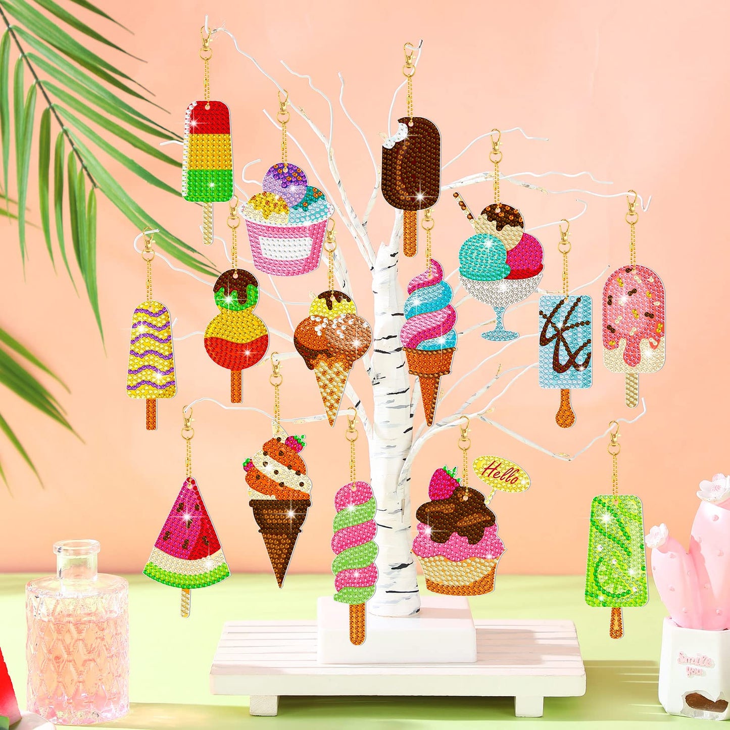 Estune 15 Pieces Summer Diamond Painting Keychain Kits 5d Ice Cream Diamond Art Keychains DIY Painting Kit Summer Hanging Diamond Art Kits Diamond Art for DIY Crafts
