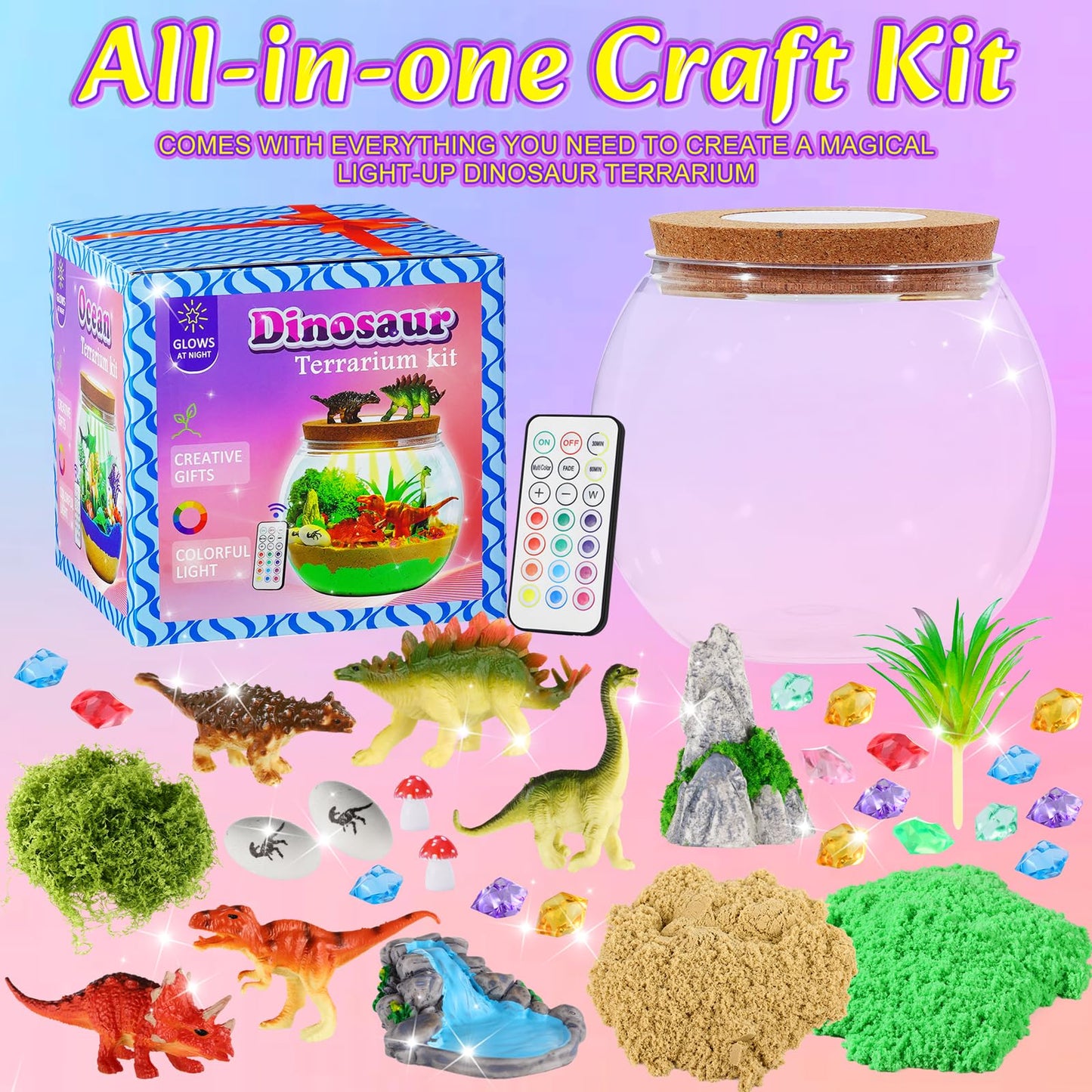 Hannstar Dinosaur Toys-Light Up Terrarium Kit for Kids, Night-Light DIY Dino Toys for Boys Ages 4 5 6 7 8-12, Birthday Easter Gifts for Boys, Arts and Crafts Kit for Kids